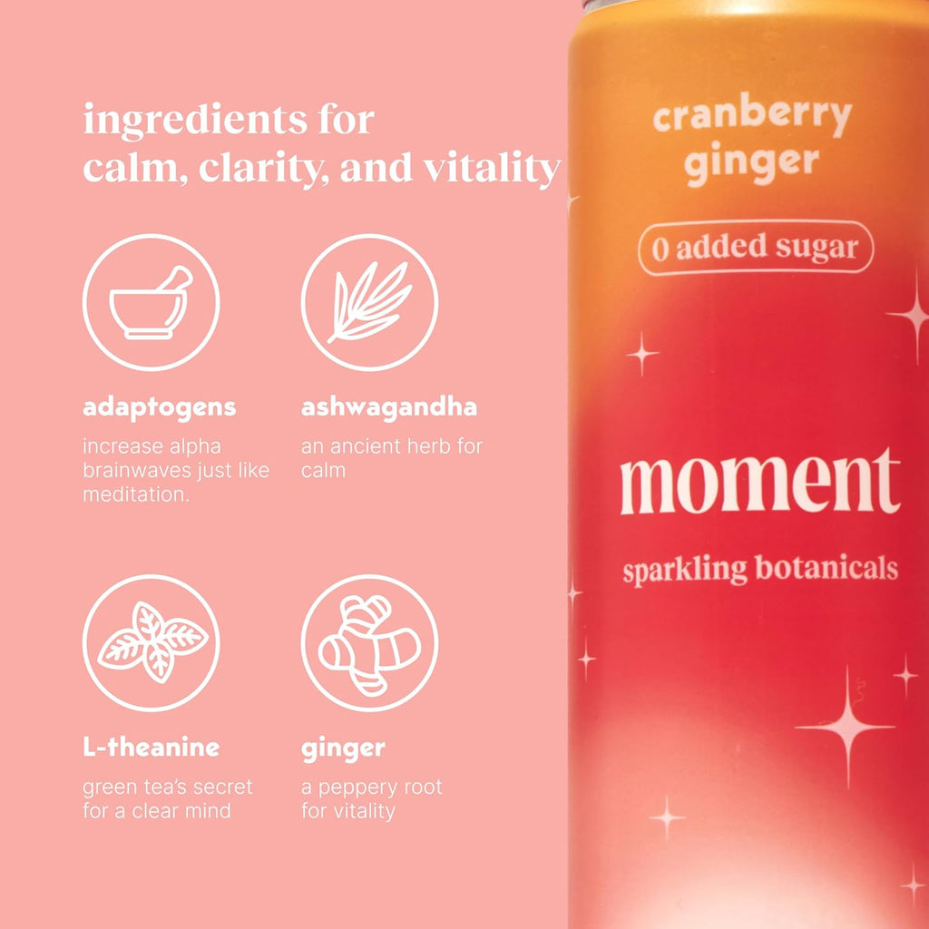 Moment Botanical Soda Soft Drink (Shark Tank) - SPARKLING Non Alcoholic Drinks | Cranberry Ginger | L-Theanine & Ashwagandha for Calm & Clarity | 0 Added Sugar 0 Caffeine | 12-pack
