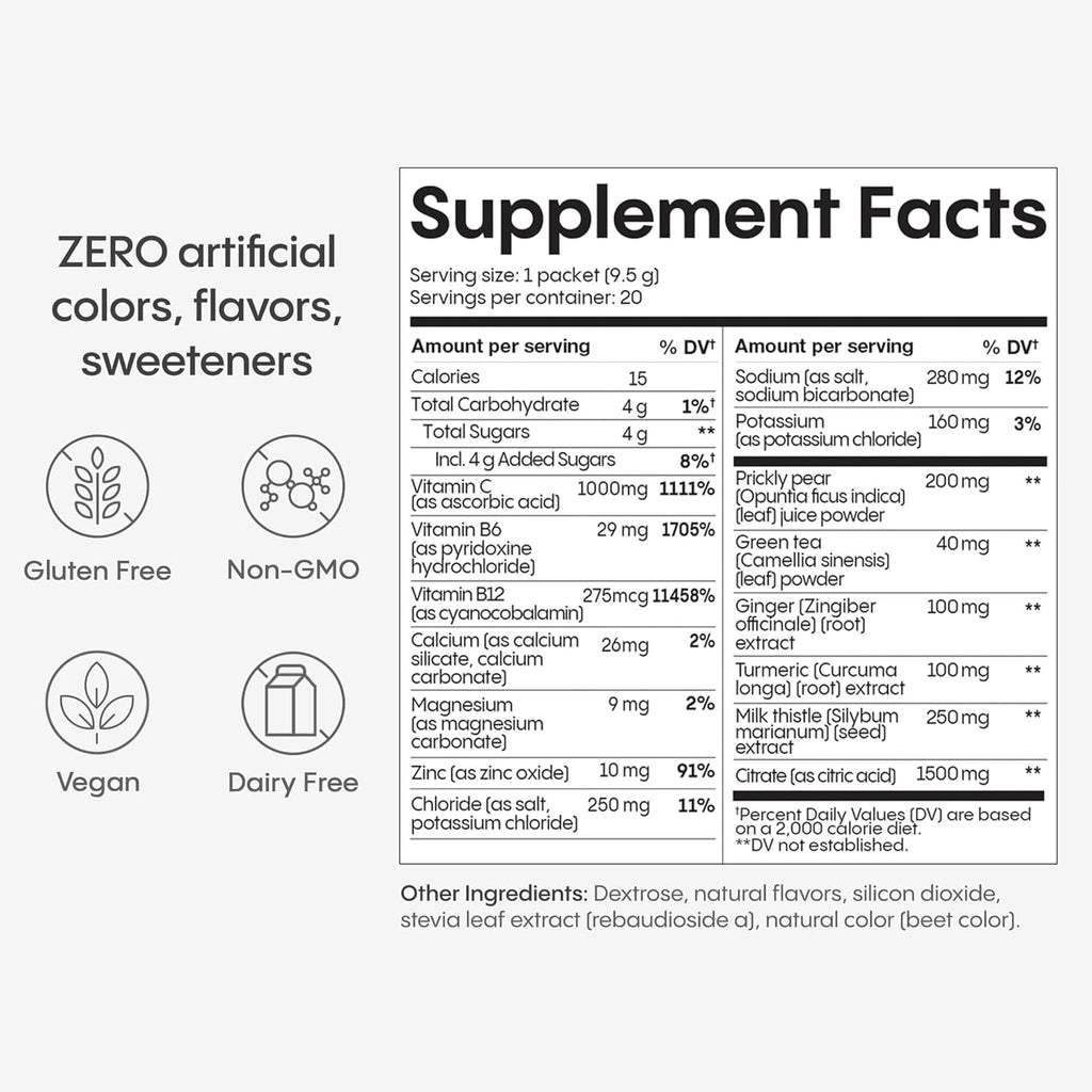 Hydralyte Liver Support + Electrolyte Mix with Milk Thistle, Turmeric, Ginger, Prickly Pear, Green Tea Extract Formulated for Rapid Rehydration (Blood Orange Ginger, 20 Packets)