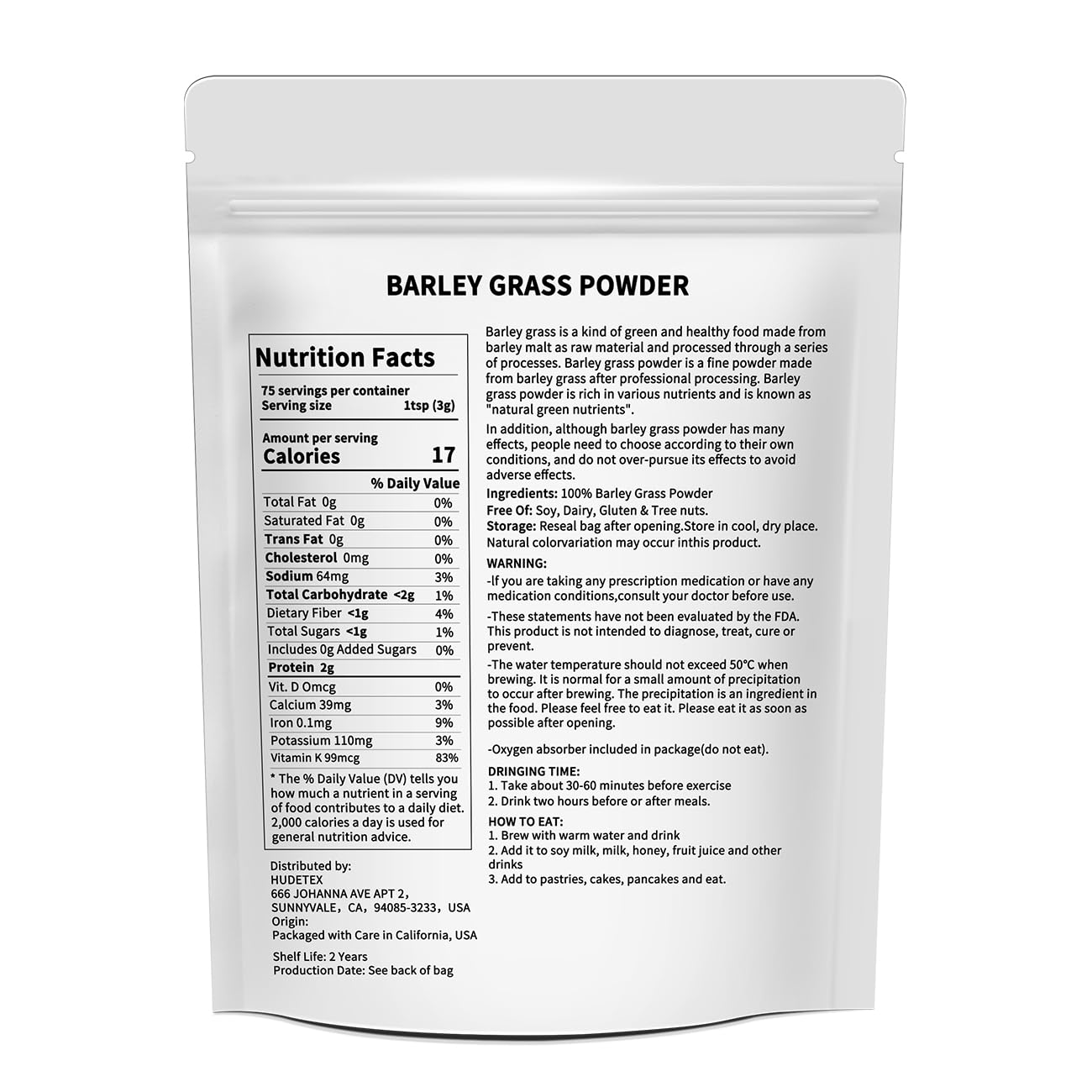 Barley Grass Juice Powder ，Rich in Chlorophyll & Natural Nutrients, Barley Grass Powder - Resealable Bag, Vegan, Non-GMO, Gluten-Free, Sugar-Free，8 oz