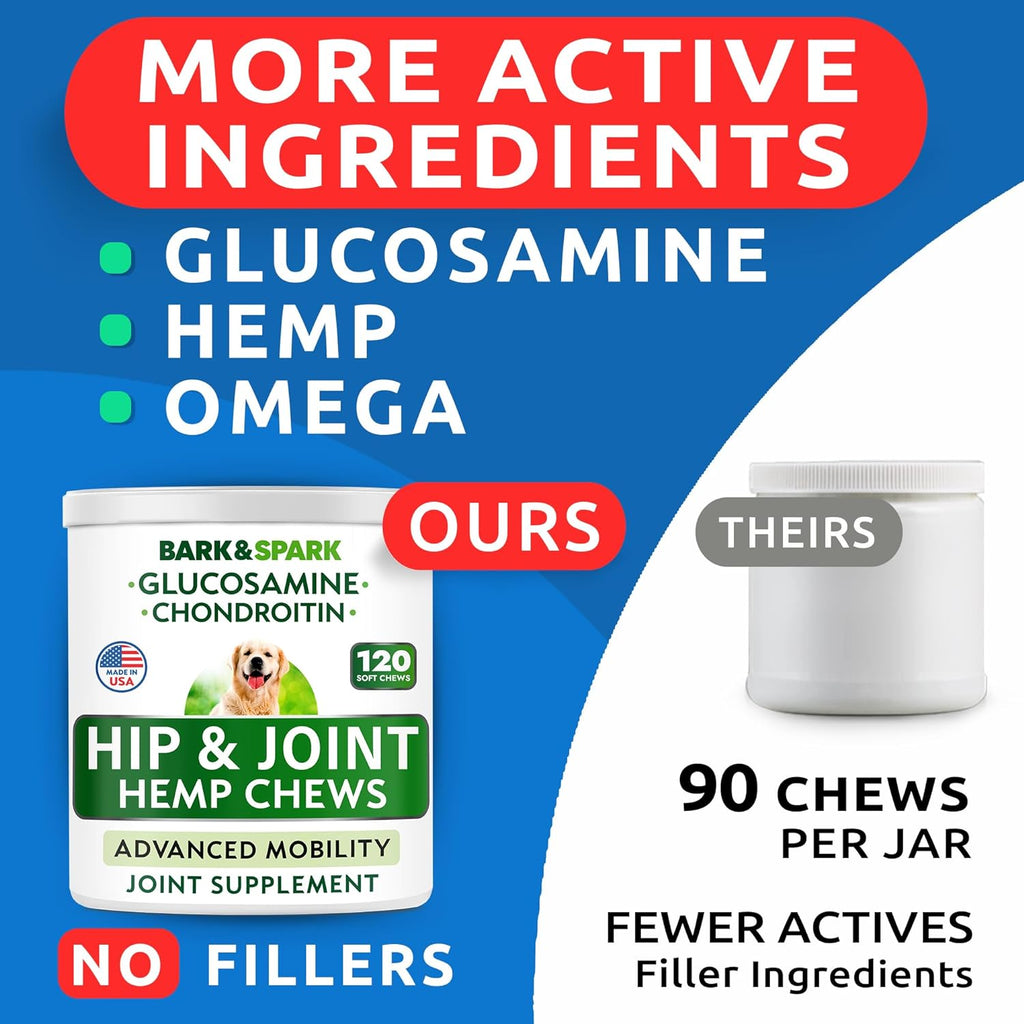 BARK&SPARK Advanced Hemp Chews for Dog Joint Pain Relief - Glucosamine Chondroitin Hemp Treats Hip Joint Health - Joint Supplement Large Breed & Small - Treats Joints Old Senior Dog (120Ct/Bacon)