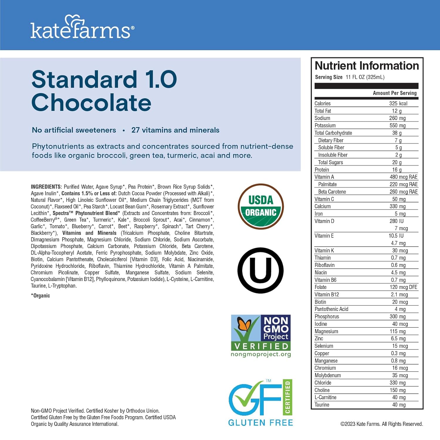 KATE FARMS Organic 1.0 Sole-Source Nutrition Shake, Chocolate, 16g Protein, 27 Vitamins and Minerals, Meal Replacement, Protein Shake, 11 oz (12 Pack)