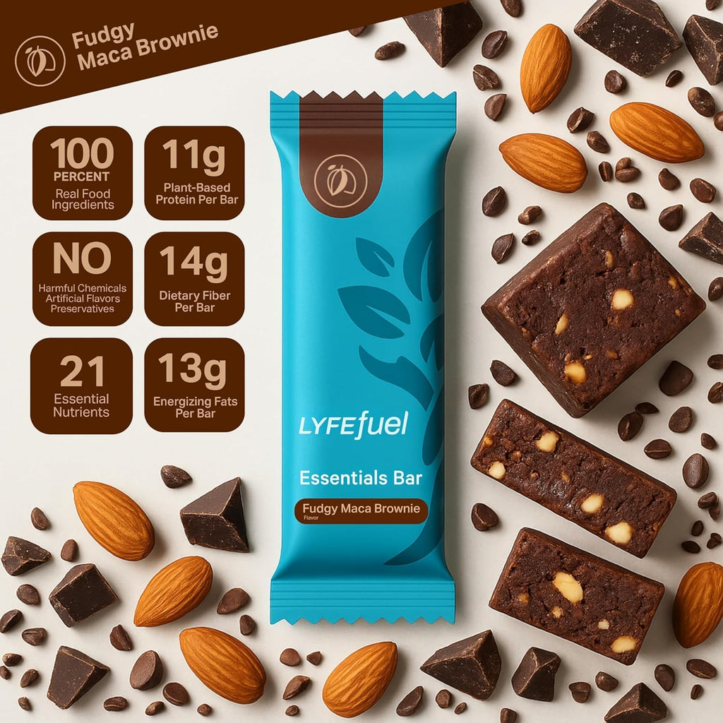 Meal Replacement Bar by LyfeFuel - Vegan Protein Bar Packed with Organic Superfoods, Fiber & 21 Essential Nutrients from 100% Plant Based Whole Foods (Fudgy Brownie - Box of 10) Gluten Free, Paleo - 3 Pack