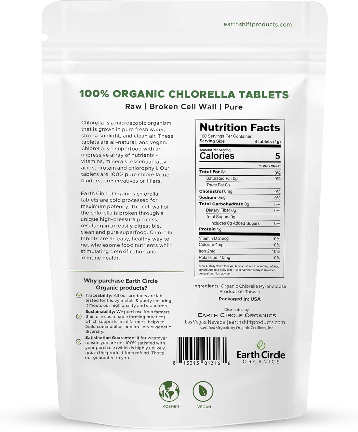 Organic Chlorella Tablets 400 Count | High Potency Superfood | Chlorophyll Pills from 100% Pure Green Algae | Broken Cell Wall for Maximum Absorption | Vegan, Kosher, Non-GMO | 4 Tabs per Day (1-Pack)