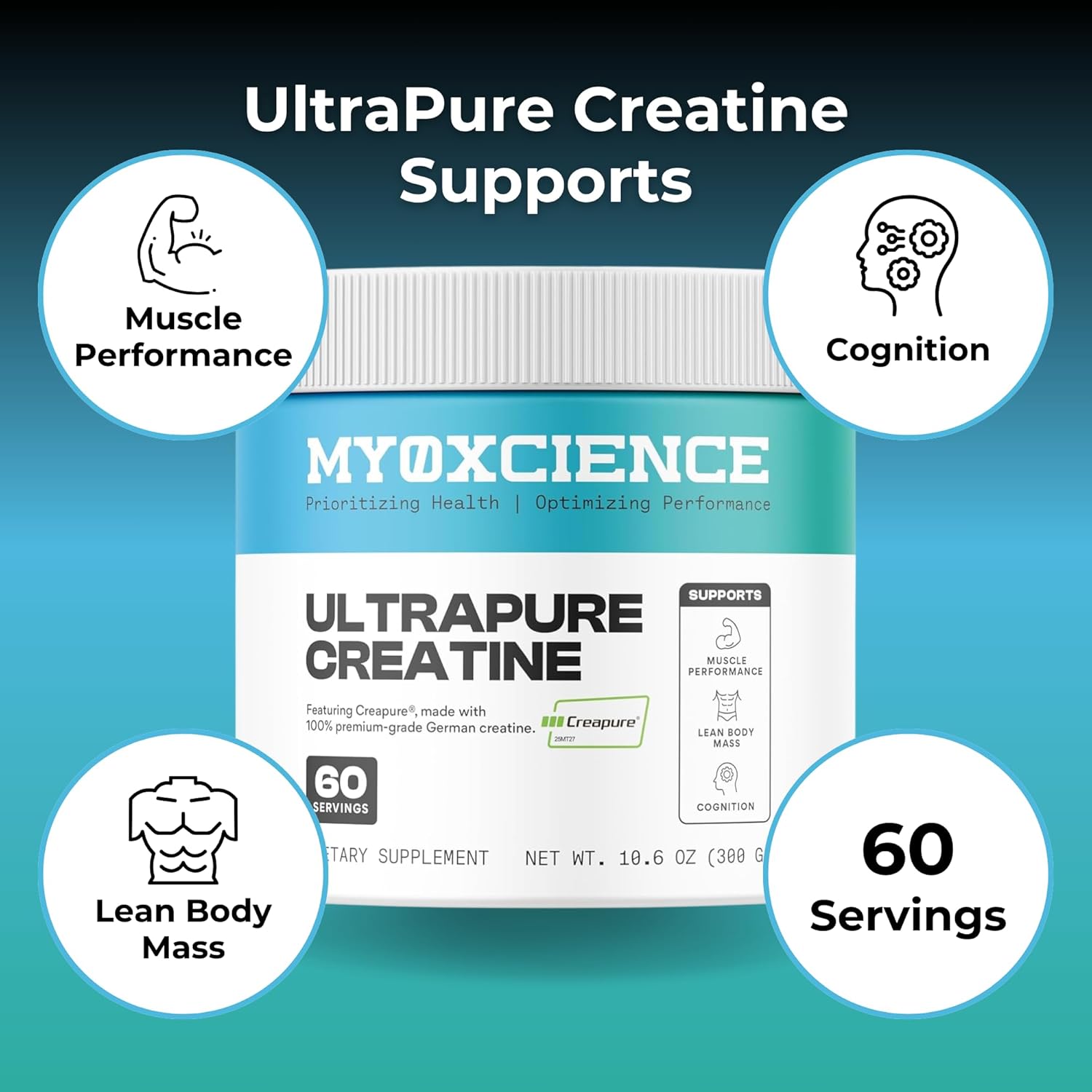 MYOXCIENCE UltraPure Creatine | Featuring Creapure | Supports Muscle Performance, Cognition and Lean Body Mass | 60 Servings