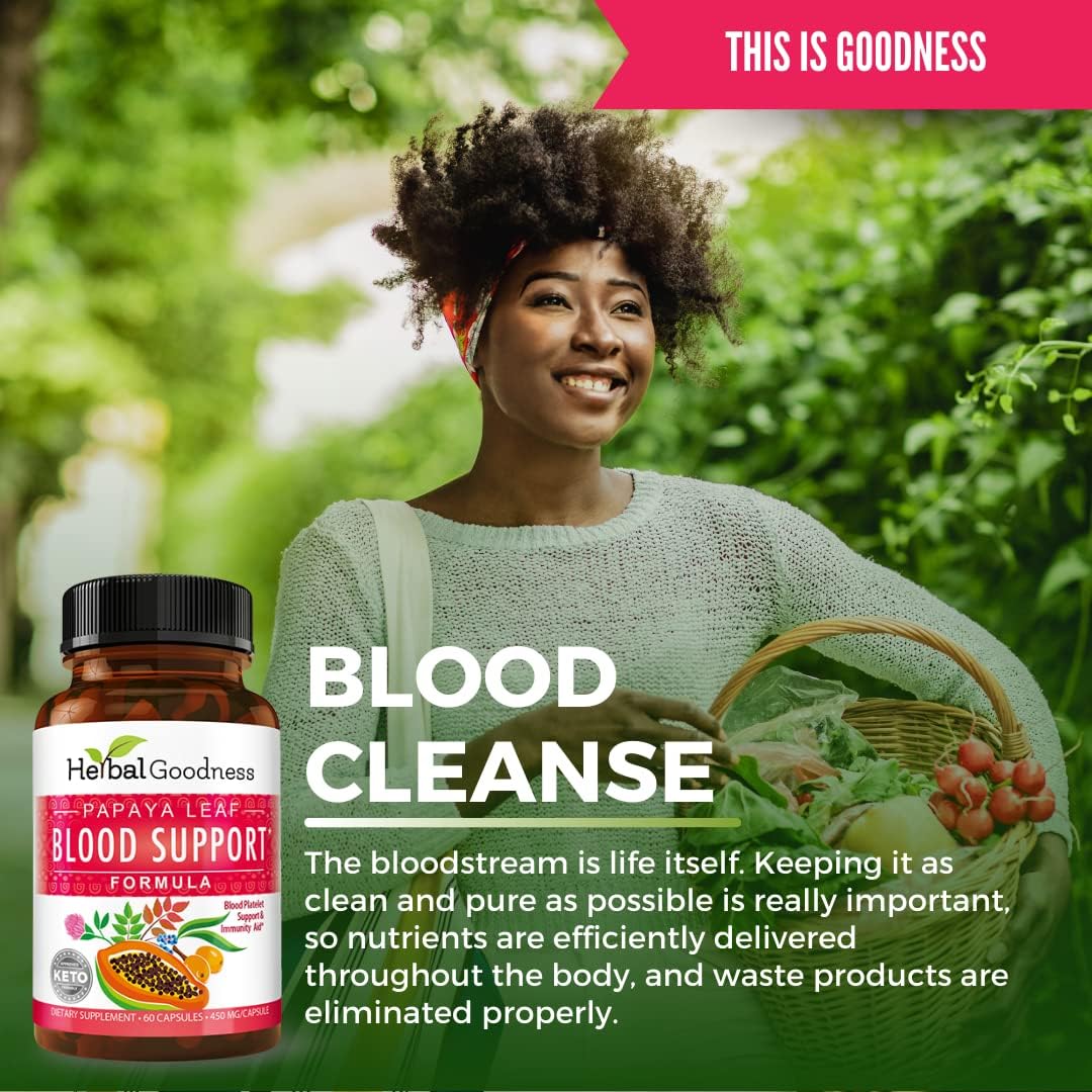 Herbal Goodness Papaya Leaf Blood Support Capsules - Platelet & Bone Marrow Health, Immunity Support & Blood Cleanse - 60/450mg Veggie Capsules (1 Bottle)