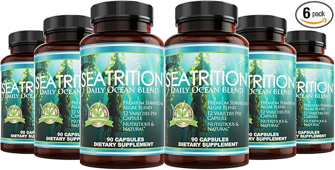 Seatrition Immune Thyroid Support Pure 12 Whole Seaweed Plants Vegan Friendly (6 Month Supply) Natural Multi Vitamin Sea Minerals Wholefood Nutrition Supplement 90 Veg Capsules - 6 Pack