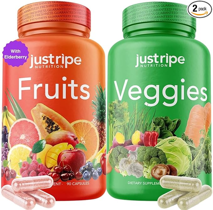 Fruits and Veggies Supplement - 90 Fruit and 90 Vegetable Capsules - 100% Whole Natural Superfood - Filled with Super Greens Vitamins and Minerals - Supports Balance Energy Levels (1 Pack)