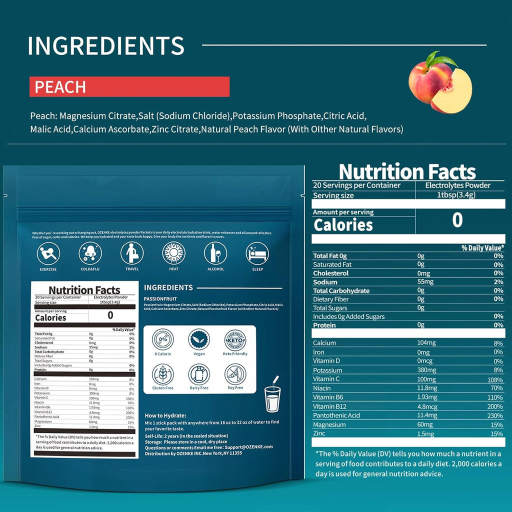 Electrolytes Powder Packets, Electrolytes Sugar Free, Hydration Packets, Portable Electrolyte Drink Mix for Rapid Hydration, No Sugar & Low Sodium | 0 Calorie | Peach Flavor | 20 Sticks