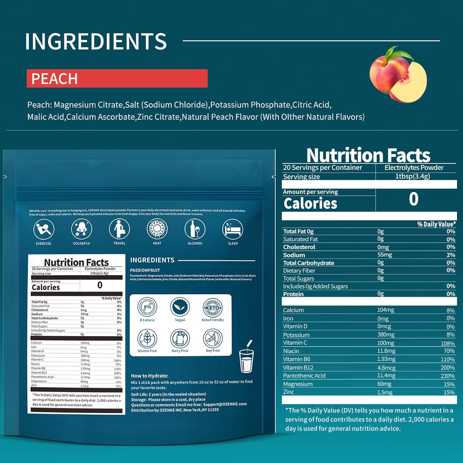 Electrolytes Powder Packets, Electrolytes Sugar Free, Hydration Packets, Portable Electrolyte Drink Mix for Rapid Hydration, No Sugar & Low Sodium | 0 Calorie | Peach Flavor | 20 Sticks