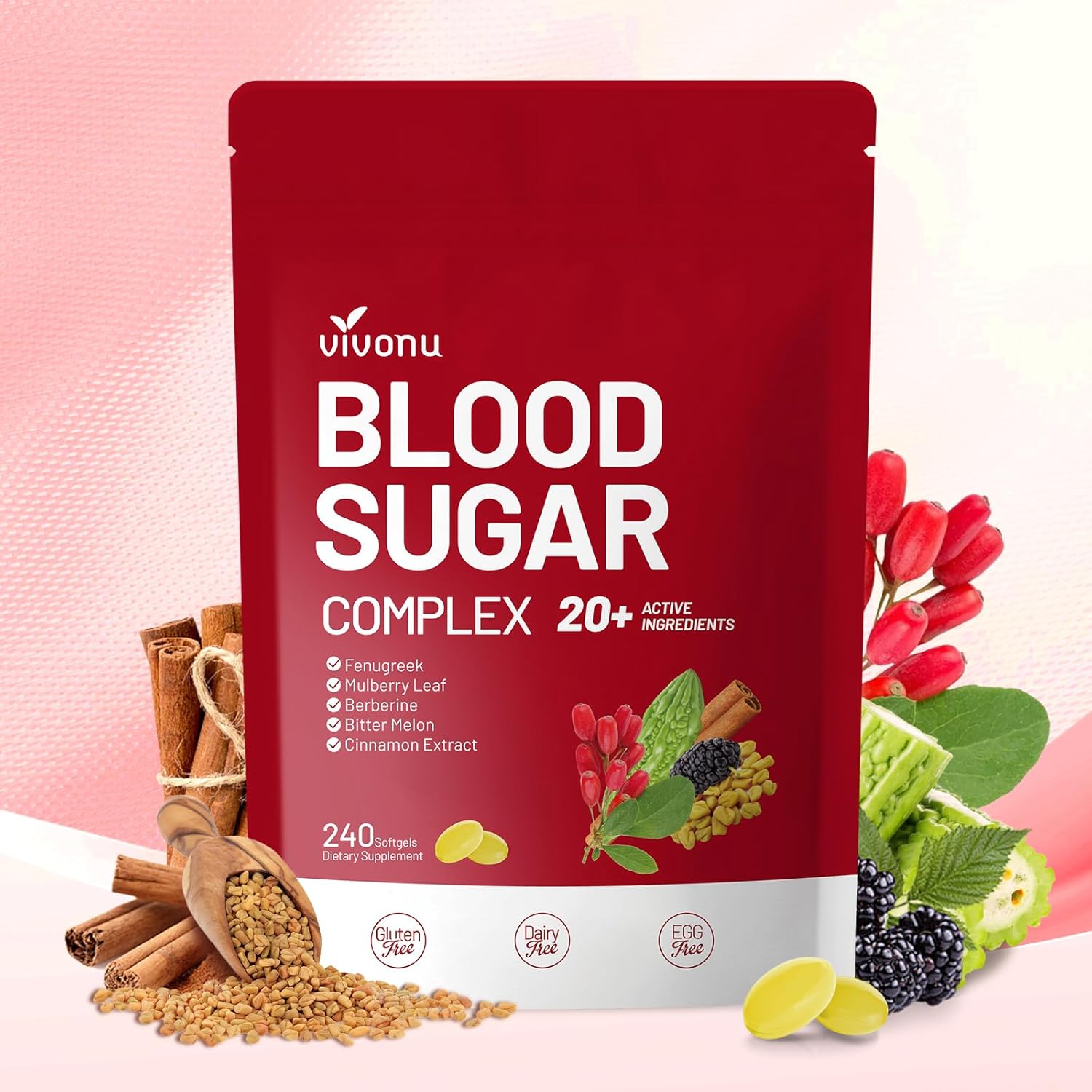 VivoNu Blood Sugar Complex Supplement | Advanced Formula with 20 Herbs and Vitamins with Cinnamon, Turmeric, Black Pepper, Licorice and More, Vegan, Non-GMO, Gluten-Free