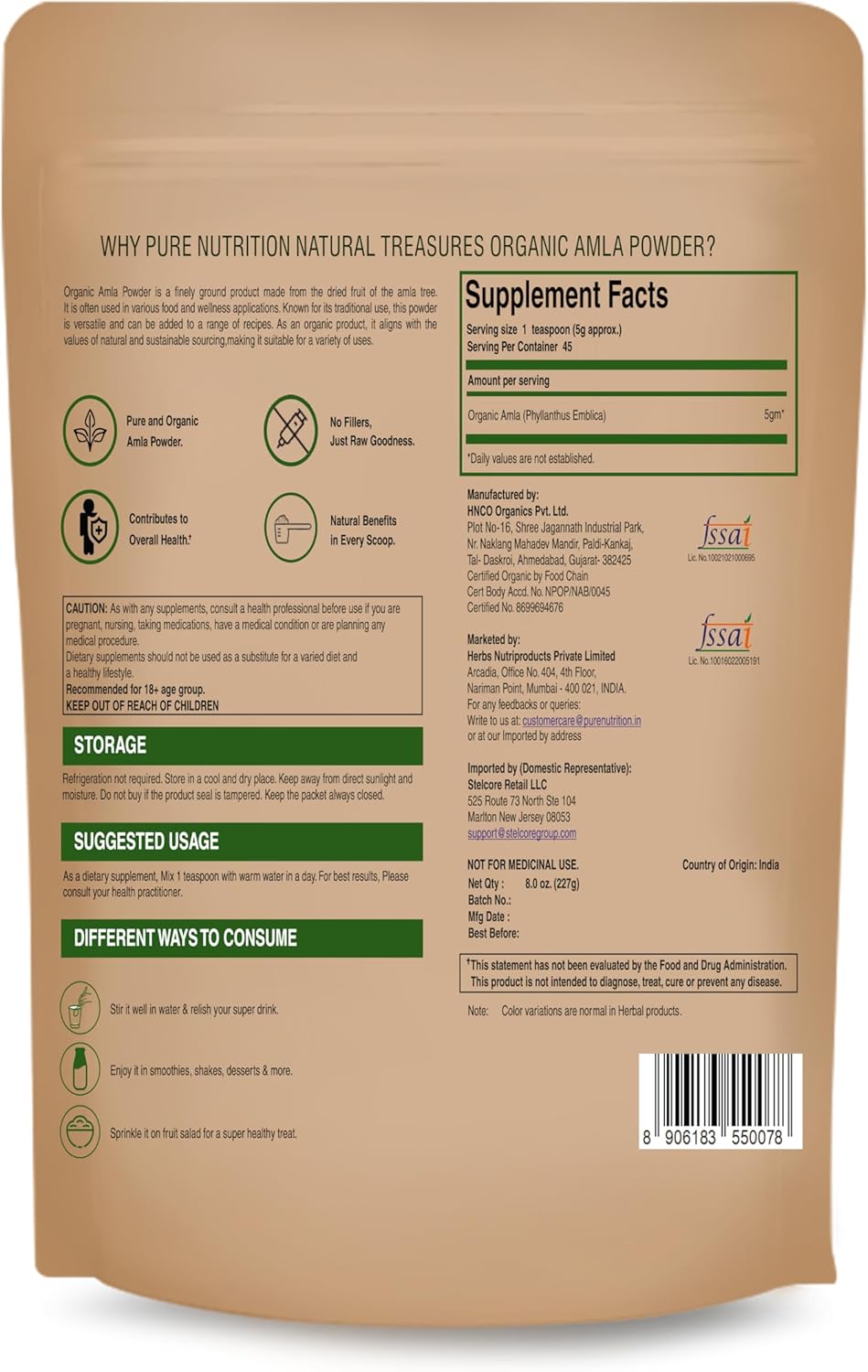 Pure Nutrition Organic Amla Powder 8 OZ (227 Grams) | Certified USDA Organic | Indian Gooseberry is a Natural Source of Vitamin C, Supports Immunity, Skin and Hair Health | NON GMO | Gluten Free