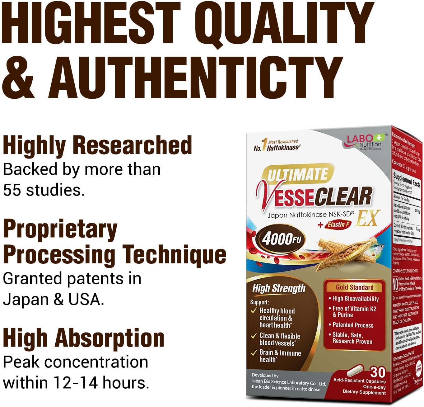 LABO Nutrition Ultimate VesseCLEAR EX Nattokinase NSK-SD 4000FU & Elastin F, Vessel Circulation & Brain Health Support, Japanese Supplement Shelf Stable Acid Resistant DRCaps Delayed Release Capsules