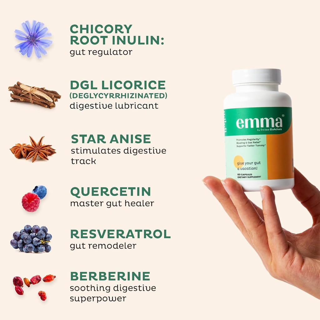 Emma Gut Health - 4 Pack - Gas and Bloating Relief, Constipation, Leaky Gut Repair - Gut Cleanse & Restore Digestion - Regulate Bowel Movement. Probiotics and Laxative Alternative, 240 Capsules