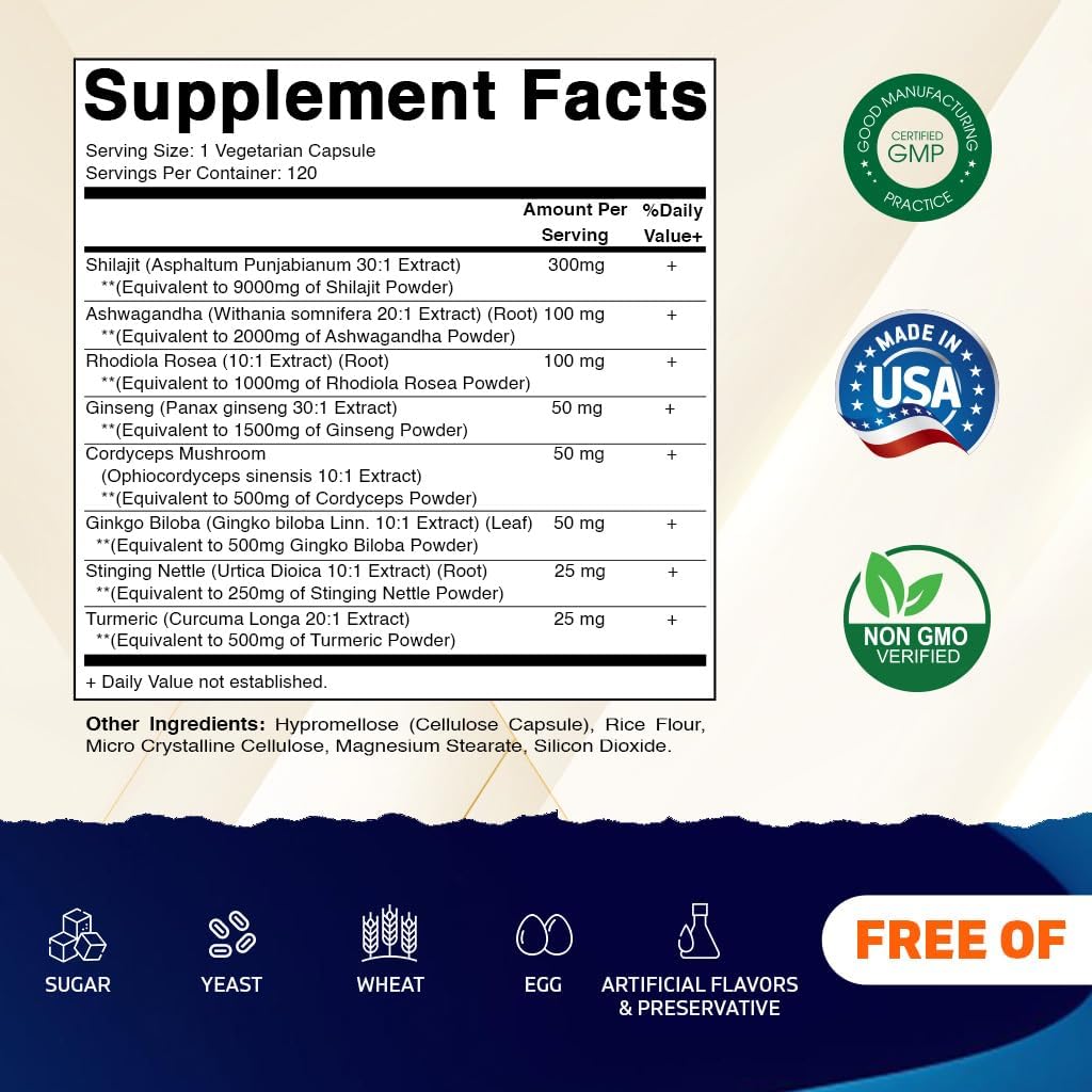 Vitamatic Shilajit Complex Capsules, Made with Ashwagandha, Rhodiola, Ginseng, Cordyceps, Ginkgo, Nettle, Turmeric - 120 Veggie Capsules - Extra Strength Shilajit Extract for Men & Women