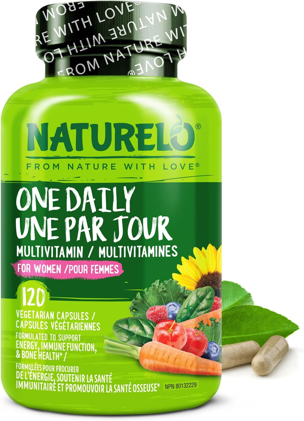 NATURELO One Daily Multivitamin for Women - Energy Support - Whole Food Supplement to Nourish Hair, Skin, Nails - Non-GMO - No Soy - Gluten Free - 120 Capsules - 4 Month Supply