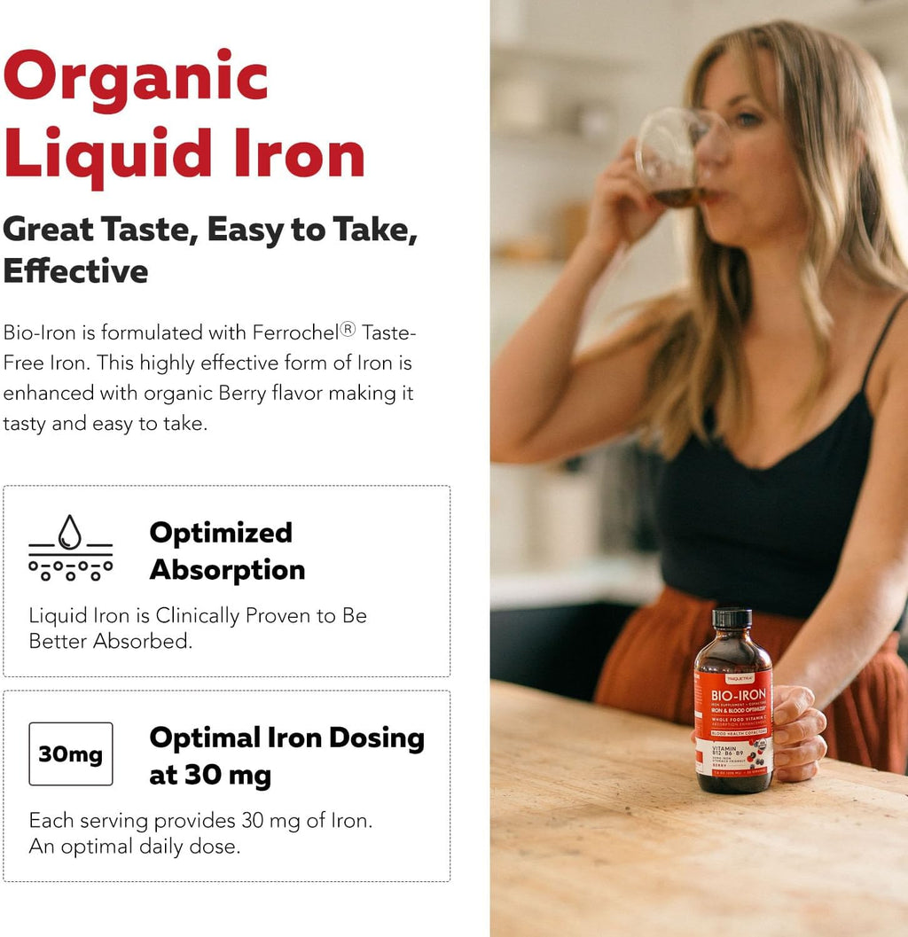 Liquid Iron Supplement | Organic Certified, Berry Flavor - Whole Food Vitamin C Absorption Boost & Blood Building B Vitamins - Methyl B12, L-Methylfolate & B6 - Supports Healthy Iron Levels - 7.6 oz