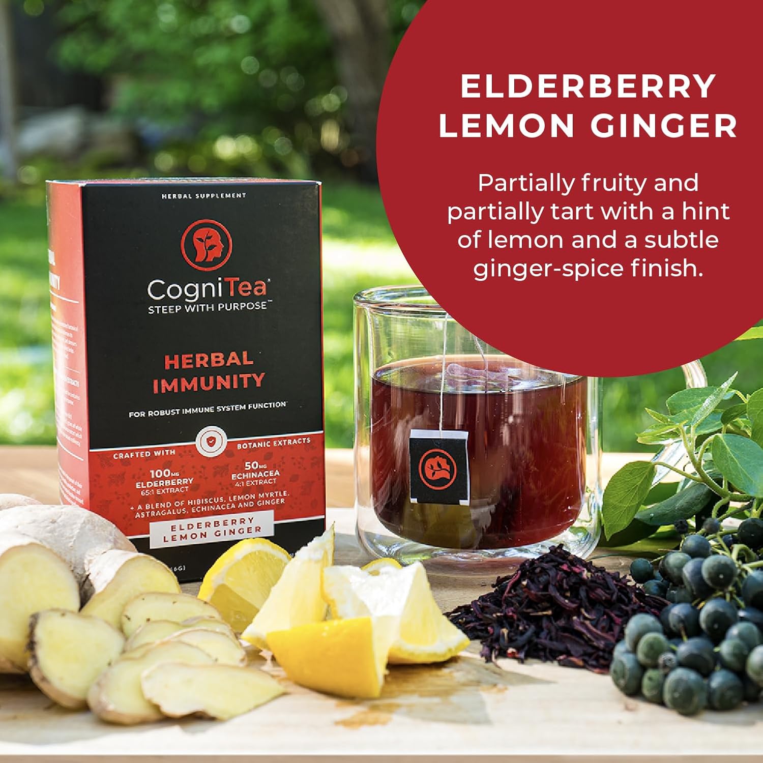 Herbal Immunity Tea - Immune System Booster - 100mg High- Potency Elderberry, 50mg Echinacea, Lemon, & Ginger Organic Herbal Tea Bags - Caffeine Free Immunity Boost