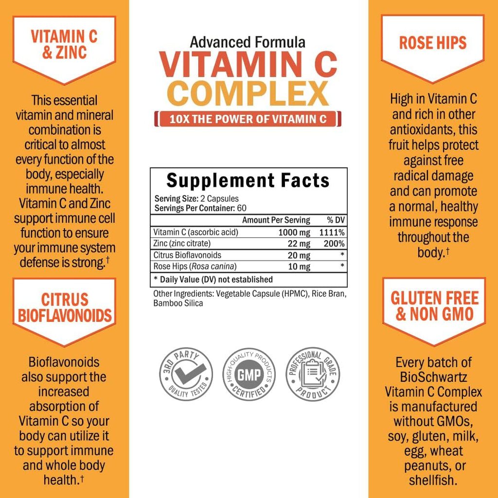 BioSchwartz Vitamin C Complex Supplement - Vitamin C 1000mg Capsules with Rose HIPS Zinc and Citrus Bioflavonoids for Immune Health, Cellular Energy, Collagen Production, 120 Count (60 Day Supply)