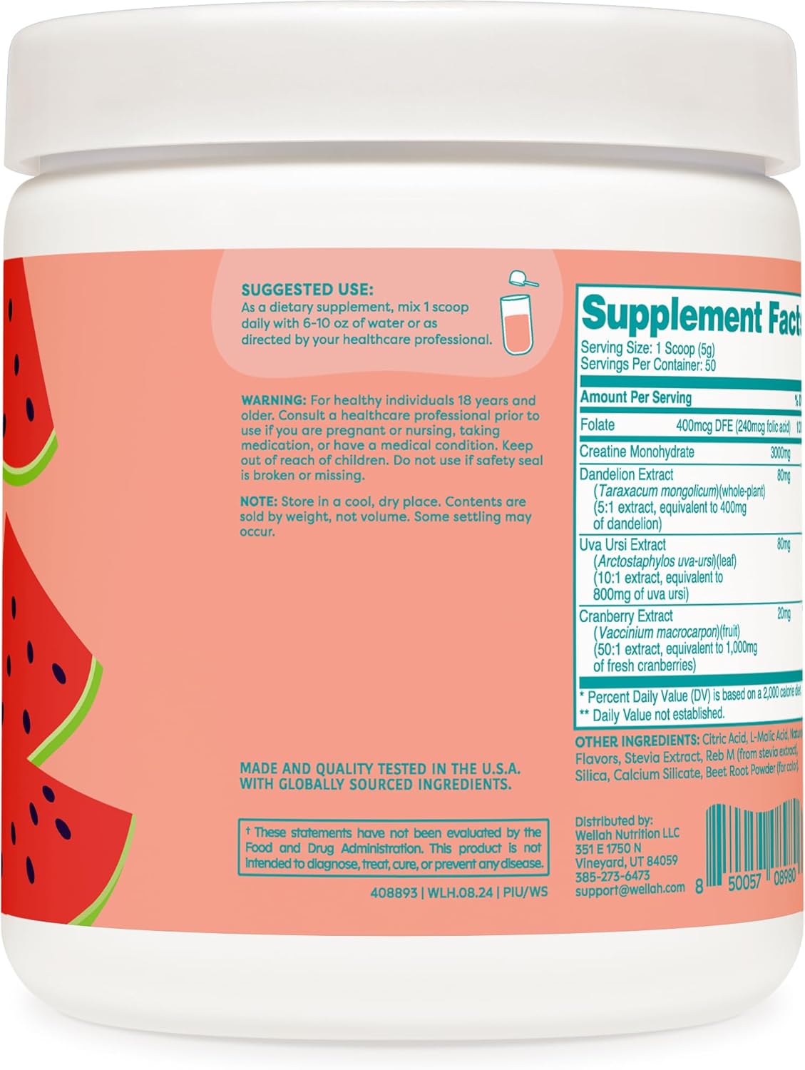 Wellah Creatine for Women - Creatine Monohydrate with Dandelion & Cranberry Extract (50 Servings, Watermelon Slush)