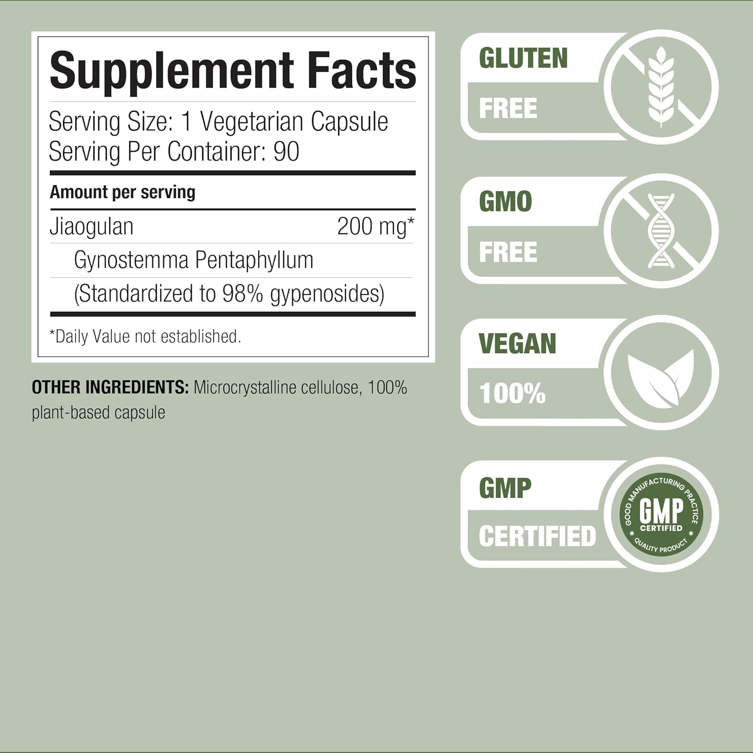 Jiaogulan Extract Supplement, Our Gynostemma Pentaphyllum is Standardized to 98 Percent Gypenosides, Natural AMPK Activator, Non GMO, Gluten Free, 90 Gynostemma Capsules, Vegan