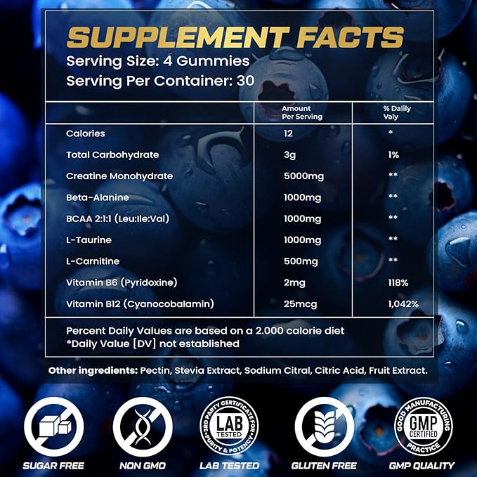 Creatine Monohydrate Gummies for Men & Women, 9000MG Creatine Gummies Sugar Free with L-Taurine, BCAA 2:1, B12 B6 for Boost Strength, Focus & Endurance, Vegan, Non-GMO, Blueberry 120*2 Bottle