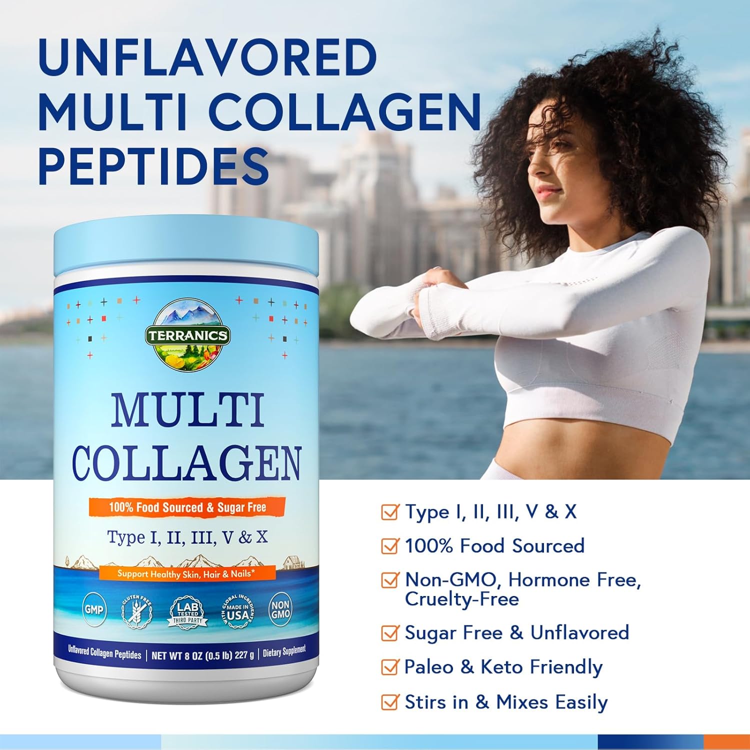 Terranics Multi Collagen Peptides Powder, Type I II III V X Collagen for Women & Men, Collagen Supplements for Skin, Nail, Hair, Easy to Dissolve, Unflavored, No Sugar, Keto, 8oz
