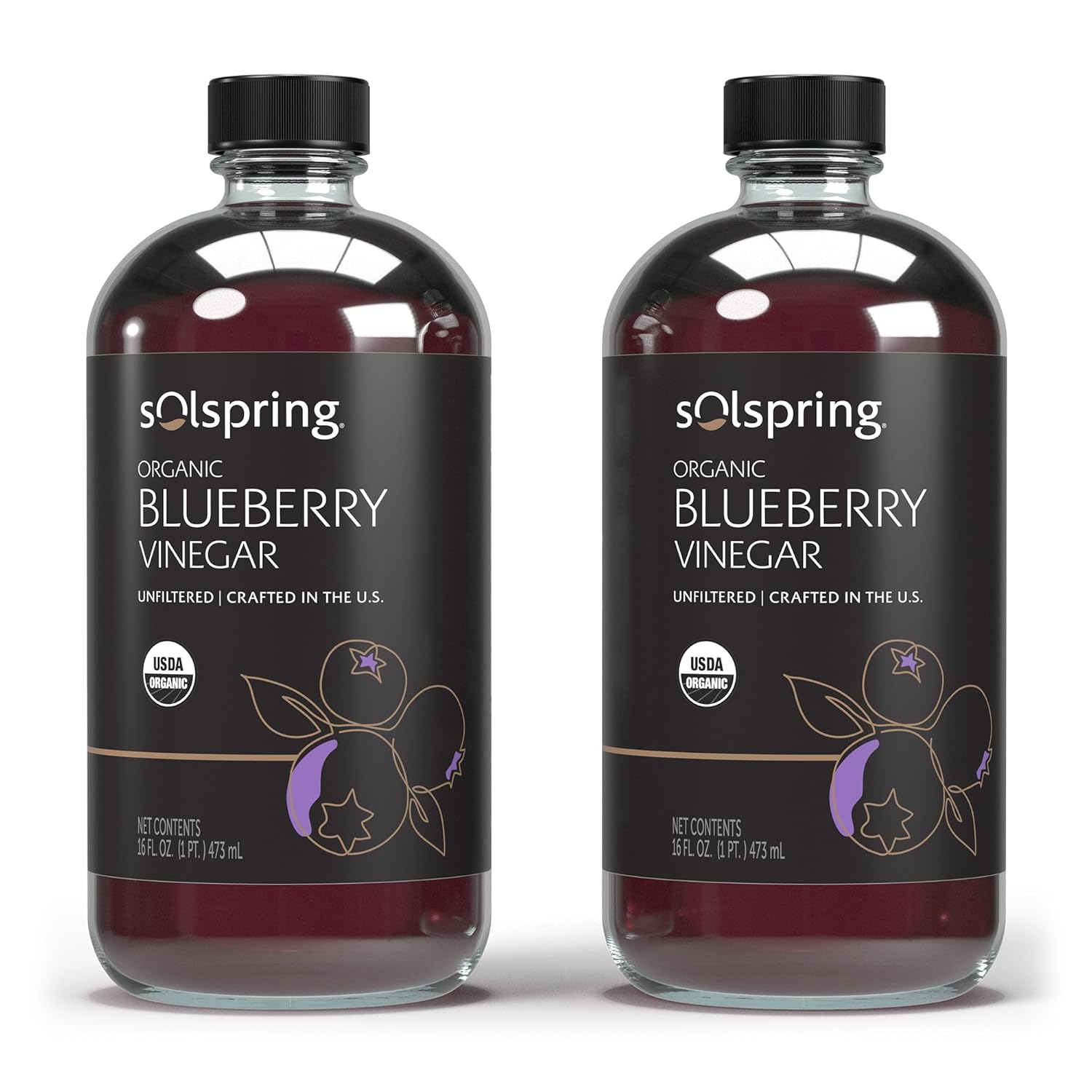 Dr. Mercola Solspring Organic Blueberry Vinegar, 2 Bottle (16 Fl. Oz.), Tart, Full-Bodied Flavor, non GMO, Soy Free, Gluten Free, USDA Organic