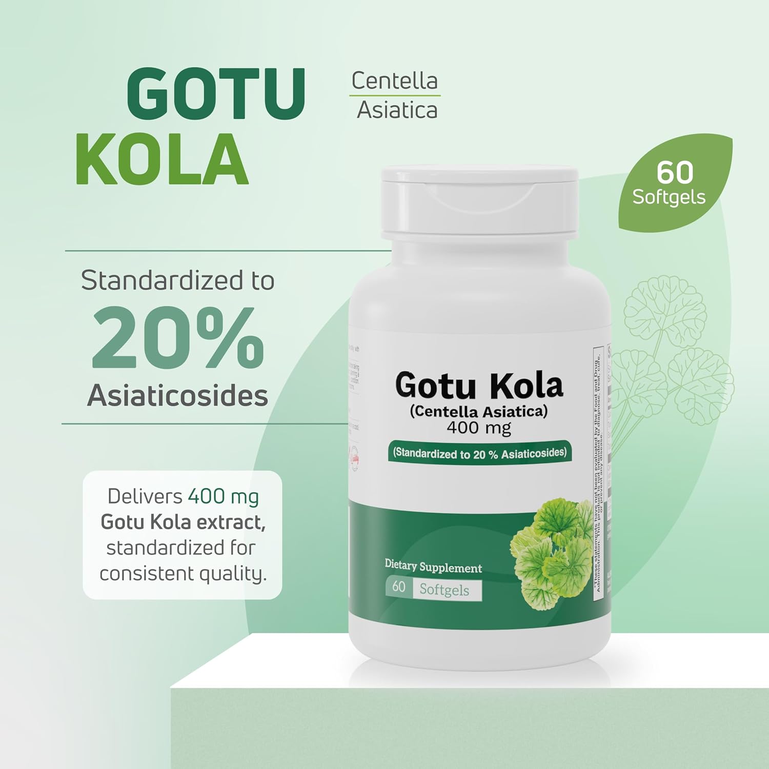 Gotu Kola 400mg – Standardized Centella Asiatica Extract with 20% Asiaticosides – Promotes Cognitive Support, Brain Health & Focus – 60 Softgels – Non-GMO, Gluten-Free Formula