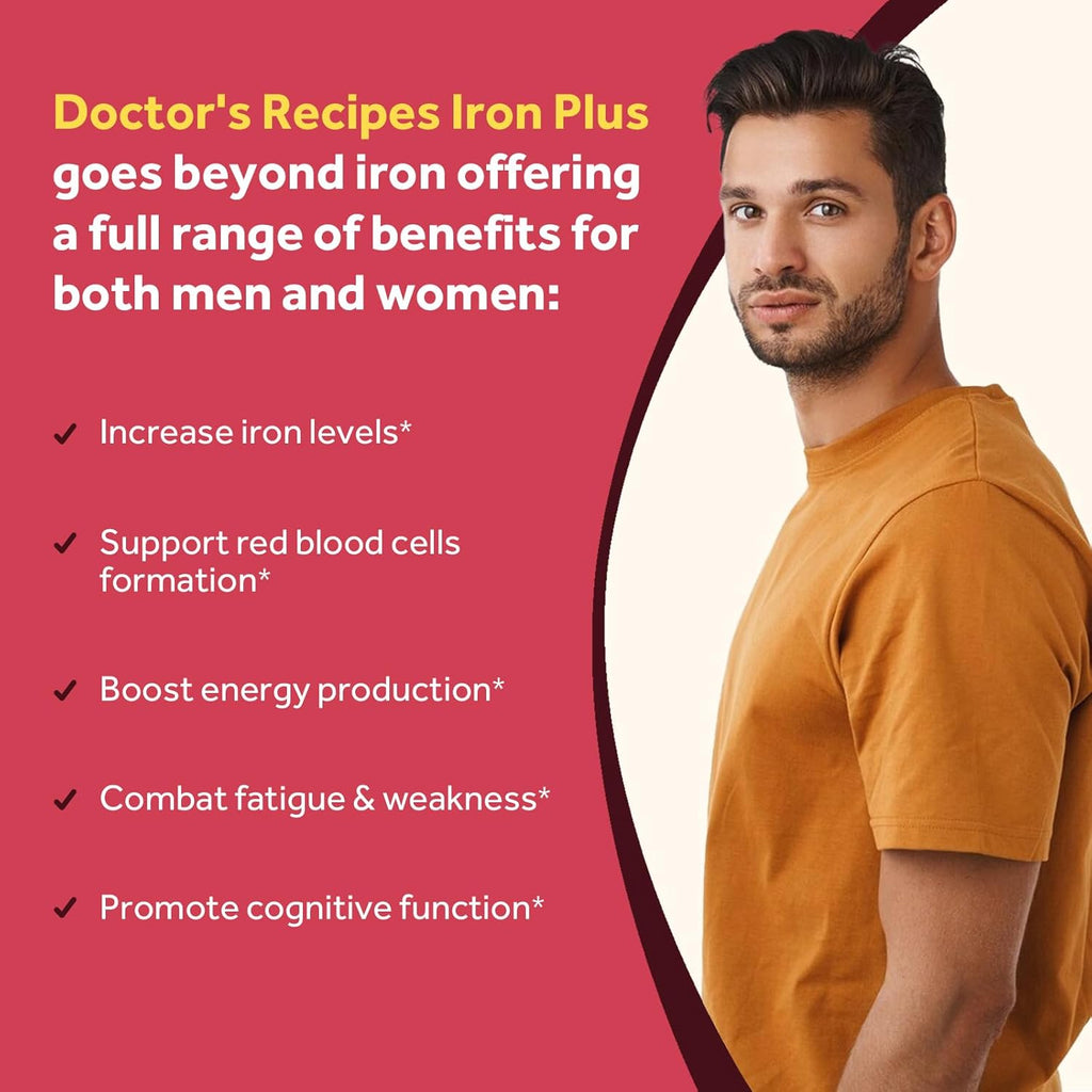 Doctor's Recipes Iron Supplement for Women Men - Gentle Iron Bisglycinate with Vitamin C, B6, Folate & B12 - Non-Constipating & Stomach Friendly Iron Pills for Blood & Energy Support, 90 Vegan Caps