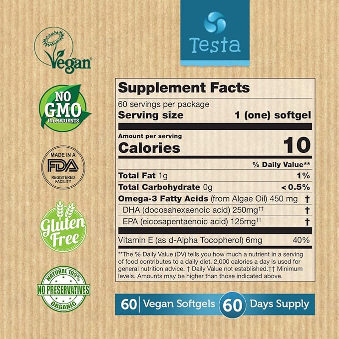 Testa Omega-3 - Plant Based DHA + EPA from Algae Oil - Pure and Vegan Omega-3 - Much Healthier Than Fish Oil - 60 Capsules (8 Pack)
