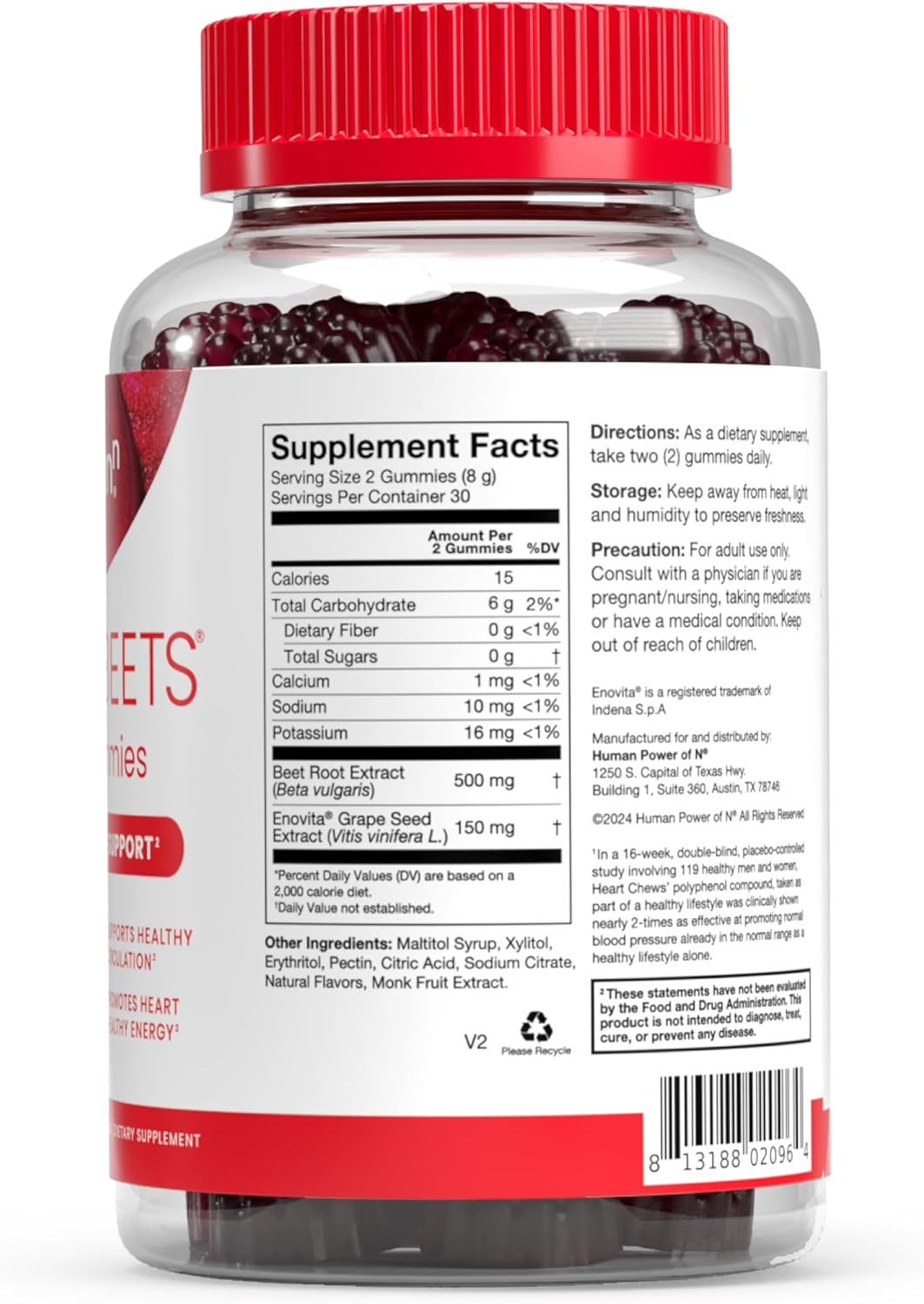 humanN SuperBeets Heart Gummies - Beet Gummy with Heart-Healthy Energy Support, Grape Seed Extract & Beetroot Powder, Sugar Free - Pomegranate Berry Flavor, 120 Count