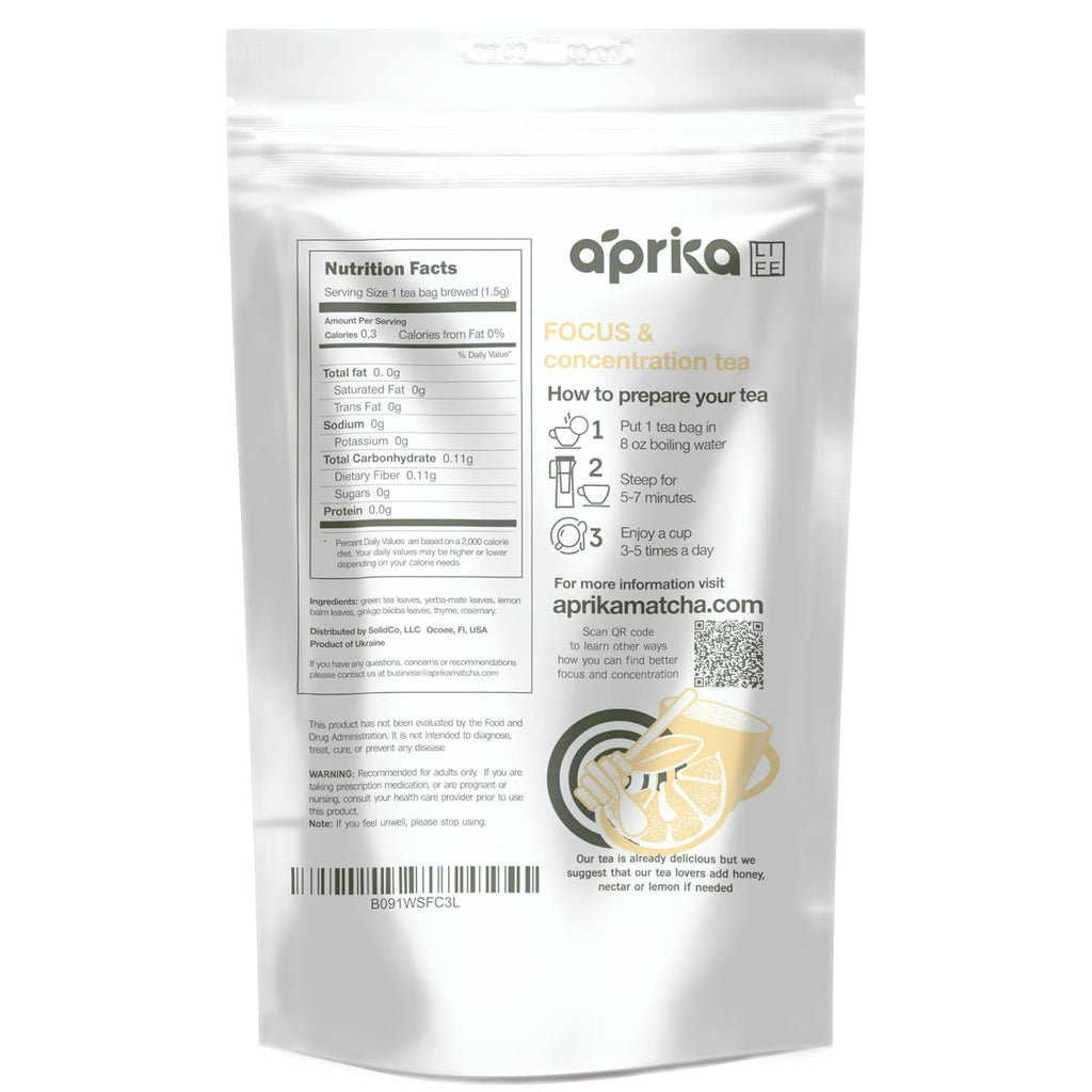 AprikaLife - Focus and Concentration Herbal Tea 100% Natural Herbal Tea Created by Herbalists - Yerba-Mate, Lemon Balm, Ginko Biloba, Thyme, Rosemary. Improves Attention & Energy – 60 Bags
