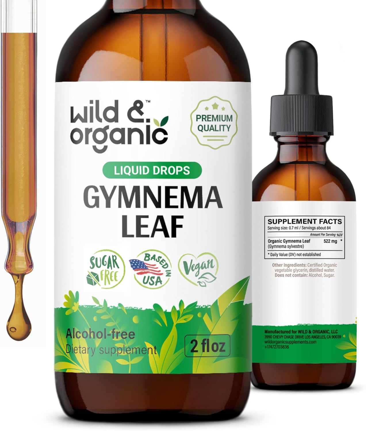 Wild & Organic Gymnema Sylvestre Extract Drops - Sugar-Free Gymnema Supplement for Overall Support - Gurmar Leaf Extract Tincture - Vegan, Alcohol-Free Liquid Drops - 2 fl oz