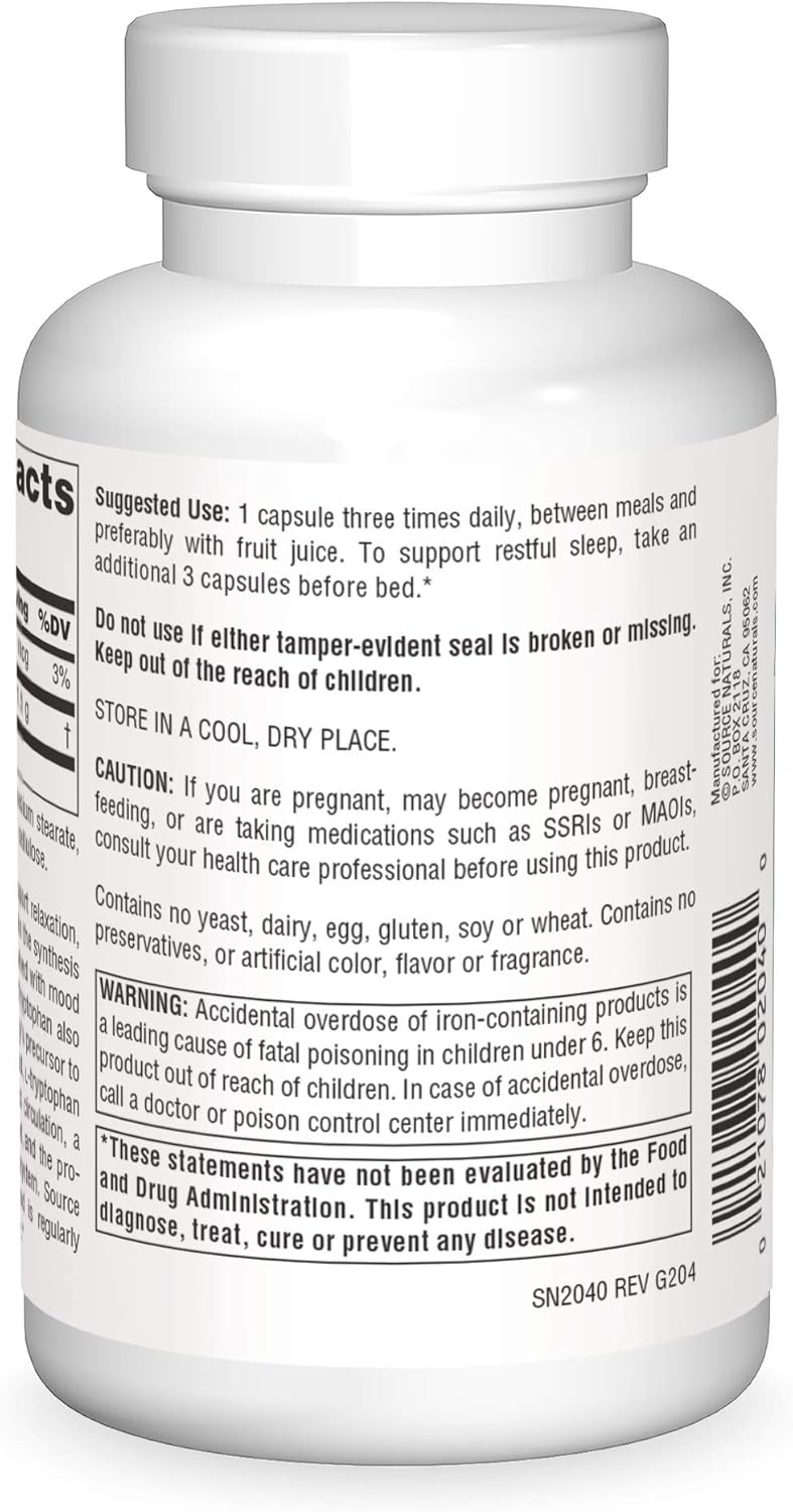 Source Naturals L-Tryptophan, for Mood, Relaxation, and Sleep*, 500mg - 90 Capsules
