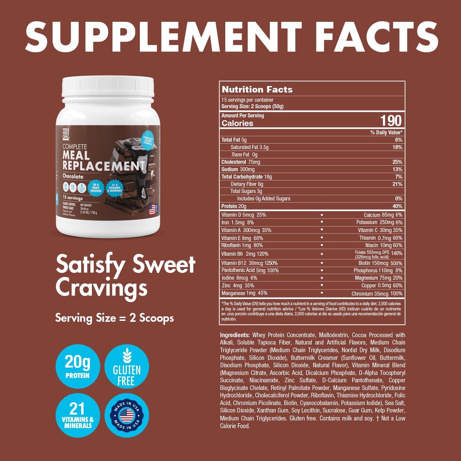 Yes You Can! Meal Replacement Shake - 20G Protein, 5G Fiber, 21 Vitamins & Minerals, 0G Added Sugar - Meal Replacement Protein Powder - Complete All-in-One Nutrition - 15 Servings (Chocolate)