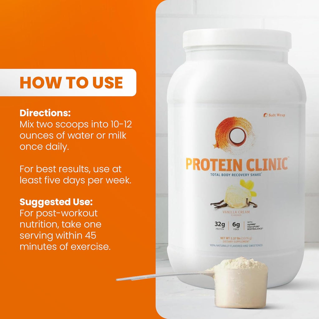 SaltWrap Protein Clinic - Total Body Recovery Shake with Collagen Peptides, HMB, Tart Cherry Extract, Pea Protein Powder Isolate, Prebiotic Fiber for Joints Natural Muscle Builder & Recovery - Vanilla