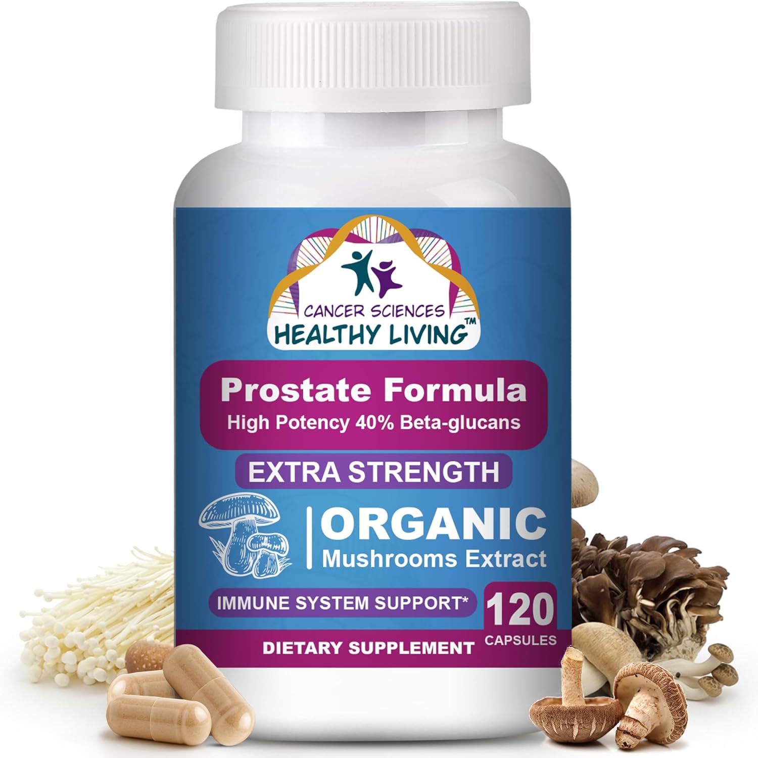 Cancer Sciences Prostate Wellness Supplements for Men, USDA Certified Organic Mushrooms Extract, Extra Strength 1,500 mg, High Potency 40% Beta-Glucans, Immune, Anti-Aging, Antioxidants, 120 Capsules