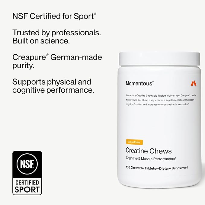Momentous Creatine Chews - Creapure Creatine Monohydrate - Supports Strength, Lean Muscle, & Recovery for Men & Women - NSF Certified for Sport - 150 Chewable Tablets - Mango