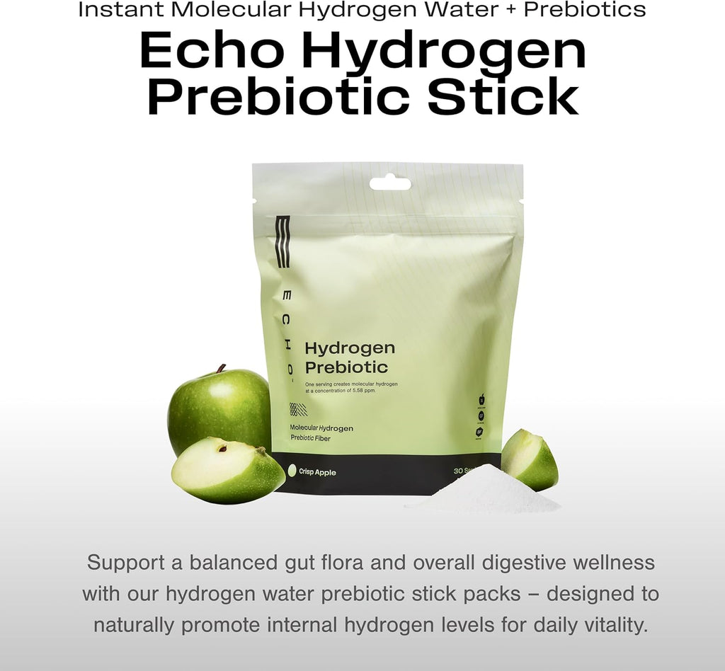 Echo Hydrogen Prebiotic Drink Mix - Digestive Health Supplement Packets - On-The-Go Portable Hydration Mix for Instant Hydrogen Water - Wellness & Energy Support Drink - Crisp Apple - 30 Count