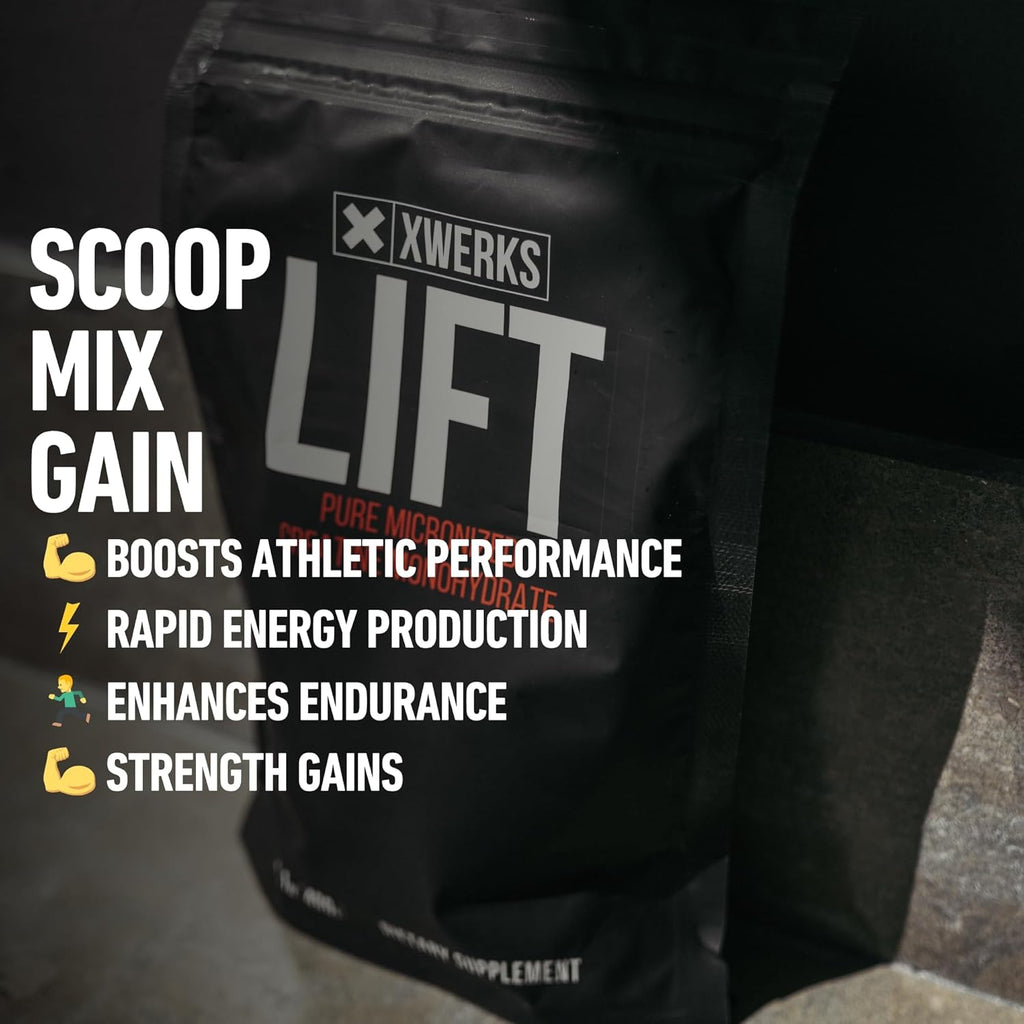 Xwerks Lift Micronized Creatine Monohydrate Powder, Unflavored, 80 Servings, 100% Pure Natural 5000mg Creatine Formula, Highly Soluble Mass Gainer Supplement, Pre Workout for Muscle Growth Recovery