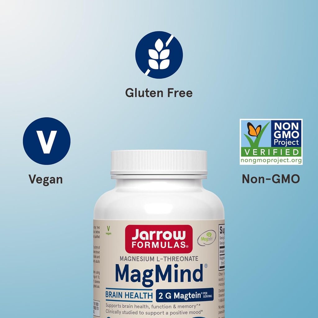 Jarrow Formulas Magnesium L-Threonate, MagMind Brain Supplements for Memory Support, 90 Veggie Capsules, Up to a 30 Day Supply, Pack of 12