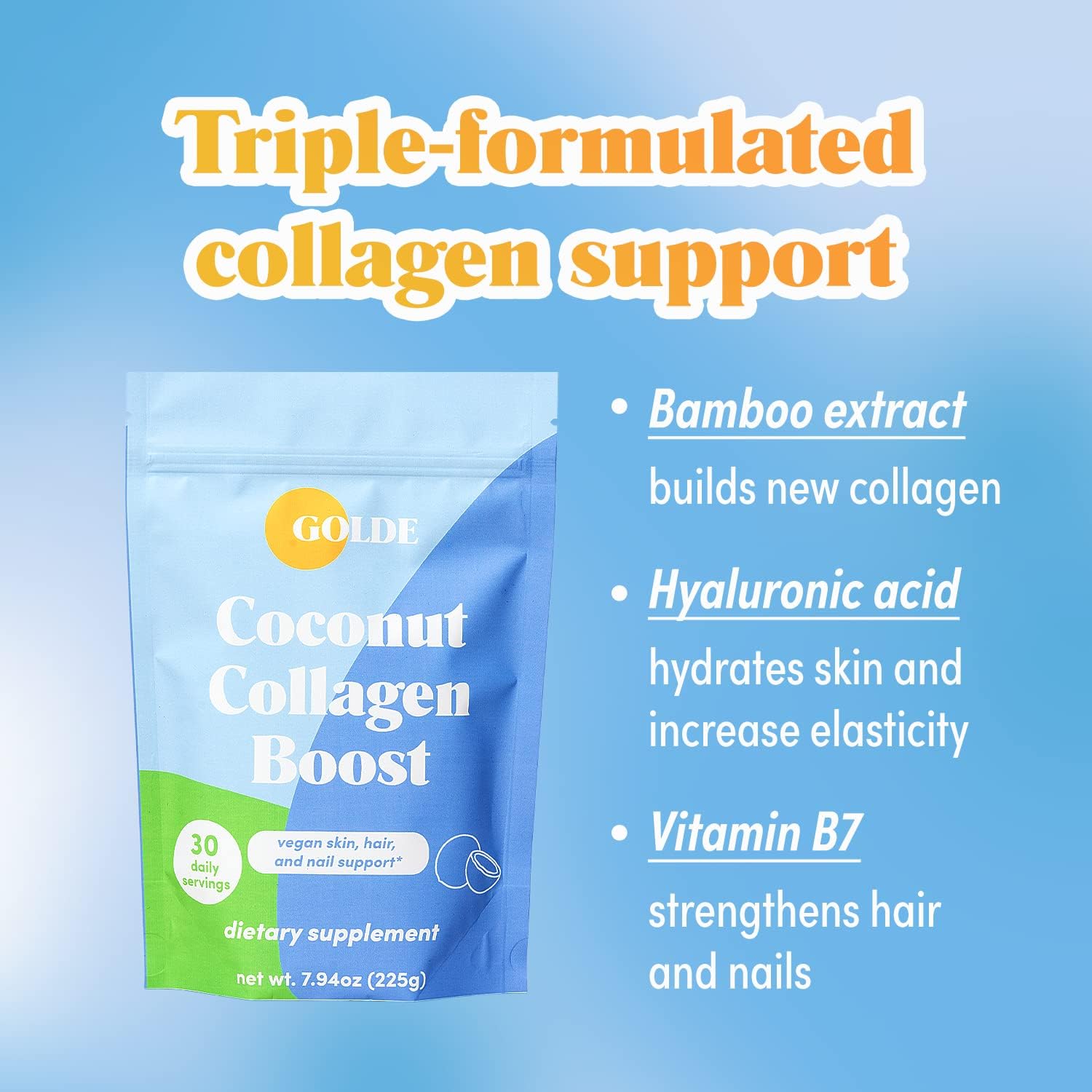 GOLDE - Collagen Boost Vegan Creamer - Vanilla Cream - Plant Based Collagen Supplement w/Hyaluronic Acid, Biotin, & Bamboo Extract - Zero Sugar - Supports Hair, Skin, & Nail Health - 15 Servings