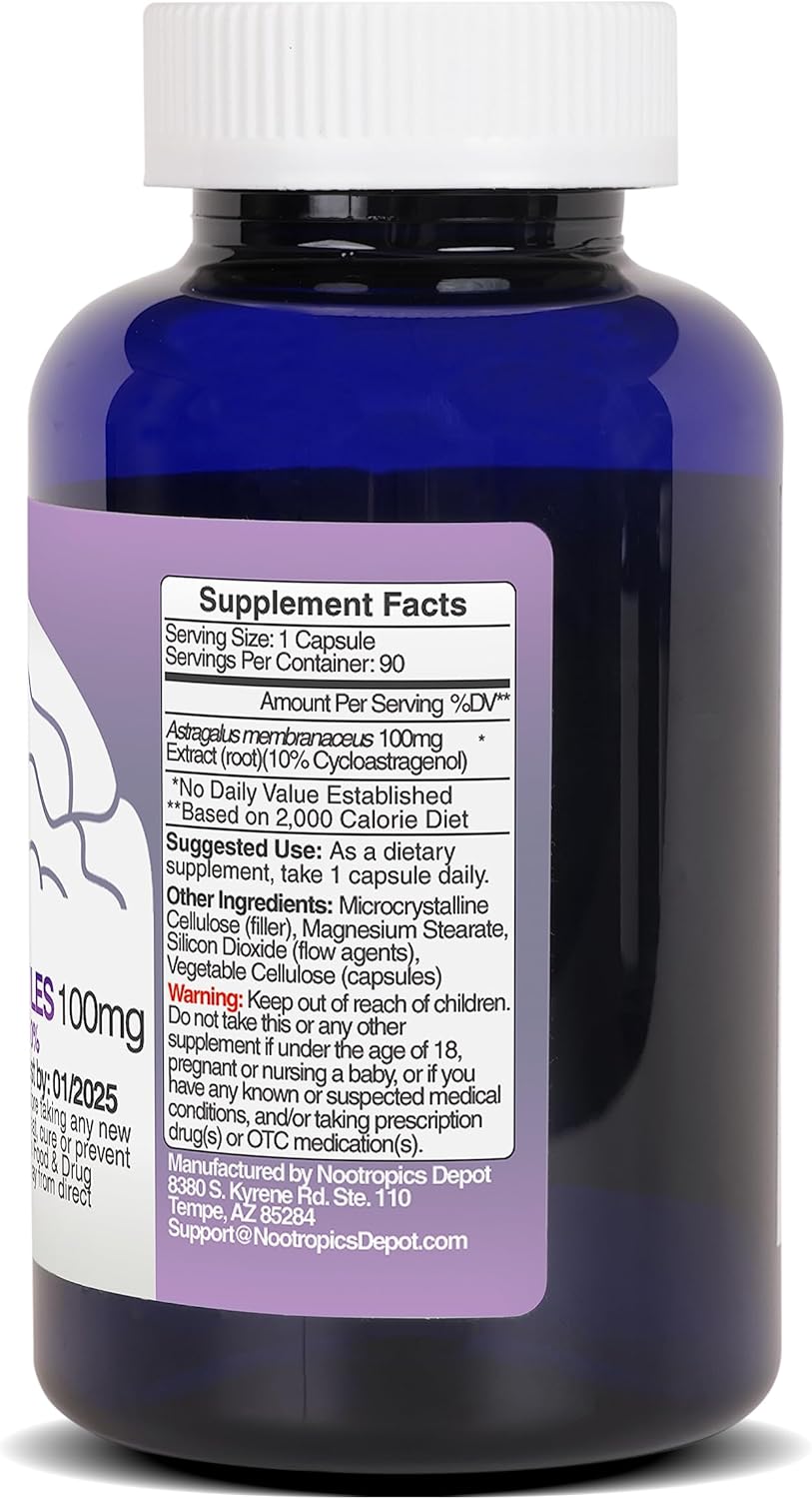 Nootropics Depot Cycloastragenol 10% Capsules | 100mg | 90 Count | Astragalus membranaceus | Cellular Health, Immune Support, Lengthens Telomeres