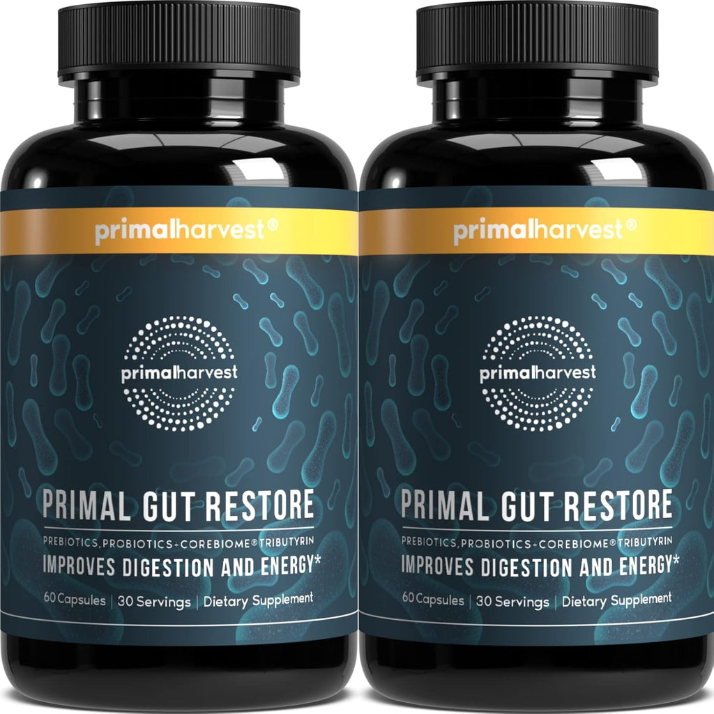 Primal Harvest 2 Pack, Restore for Gut Health, Primal Gut Restore w/POSTbiotics, PREbiotics and PRObiotics for Women and Men, 60 CT - Digestion, Colon Cleanse, Helps Leaky Gut Repair