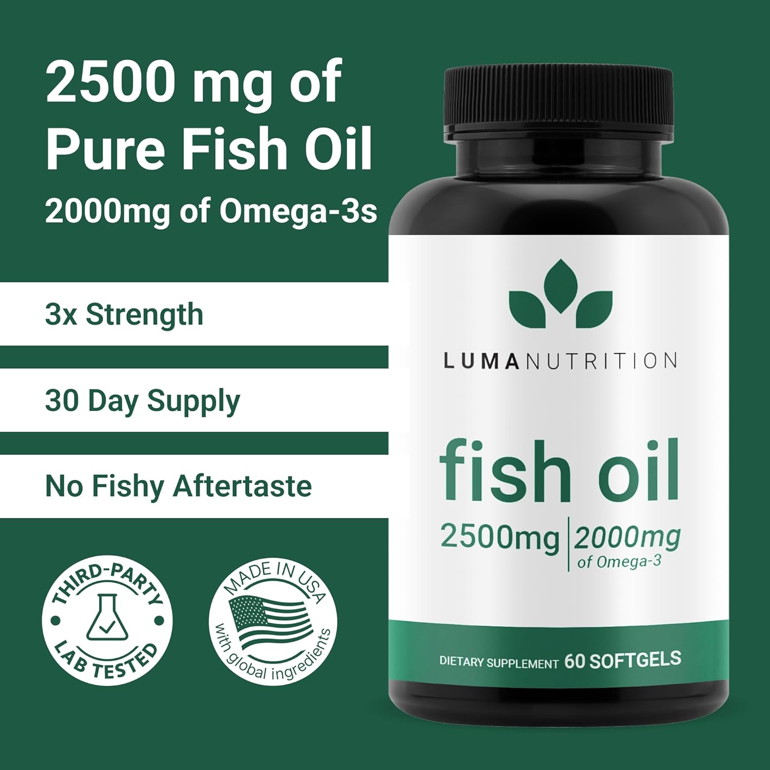 Luma Nutrition Omega 3 Fish Oil Supplement - Extra Strength 2500mg - 2000mg EPA & DHA - Brain and Heart Health - 60 Softgels
