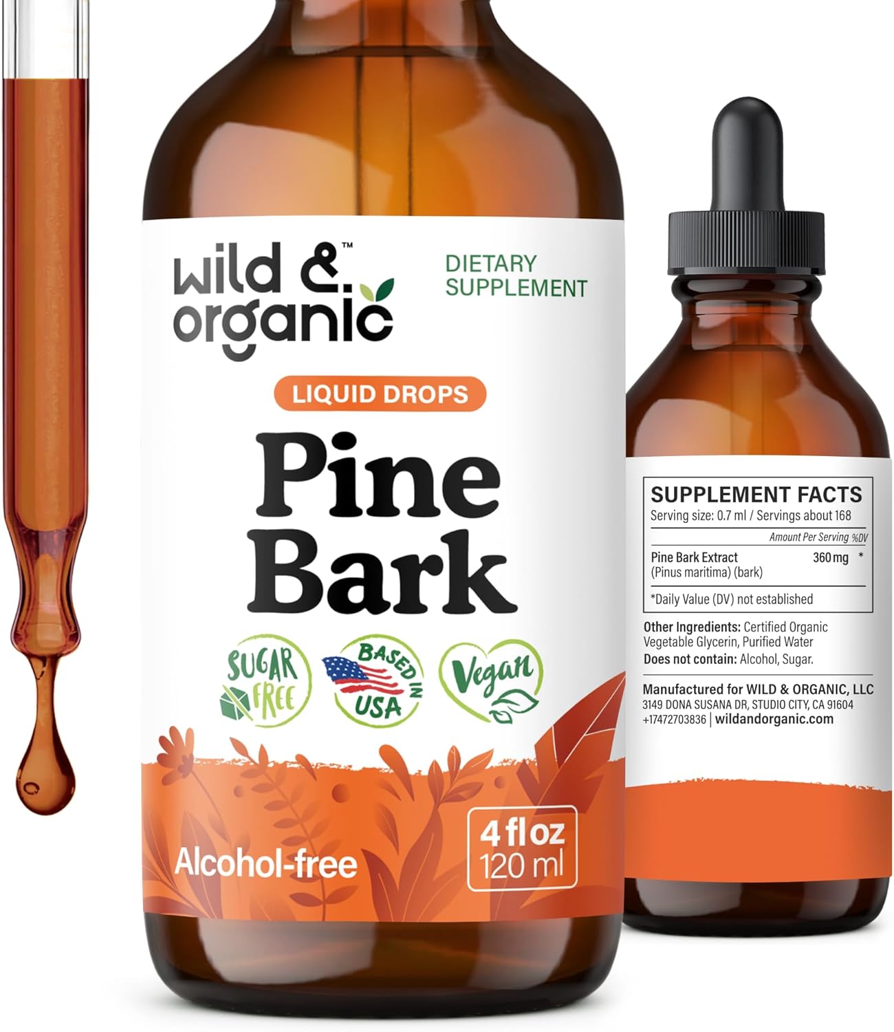 Wild & Organic Pine Bark Drops - Antioxidant Support - French Maritime Pine Bark Extract Tincture - 5-Month Supply - Pinus Pinaster Supplement - Vegan, Sugar & Alcohol-Free - 4 fl oz