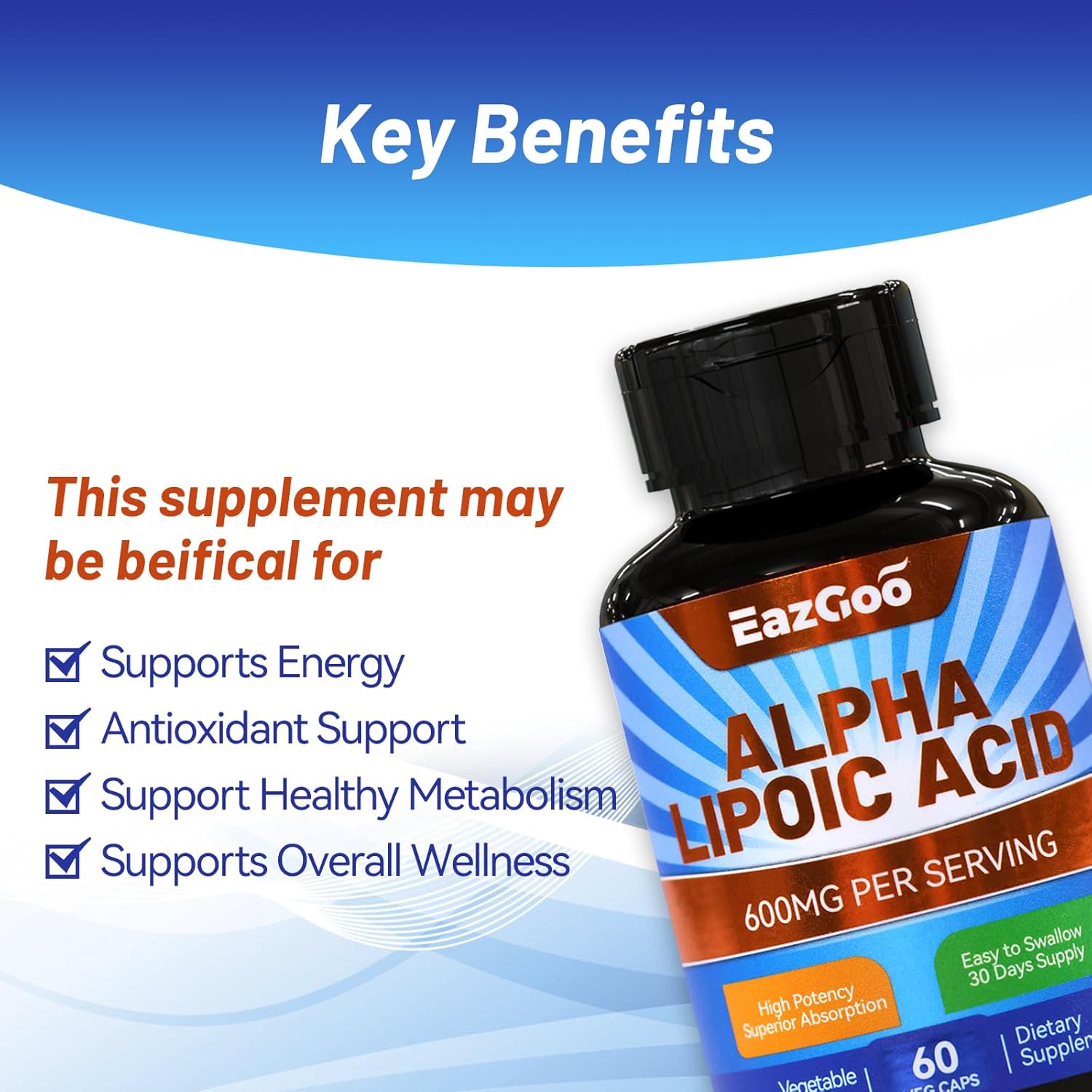Alpha Lipoic Acid Supplement, Alpha Lipoic Acid 600mg Per Serving, Vegan, Gluten Free, Non-GMO ALA Supplement, 60 Vegetable Capsules