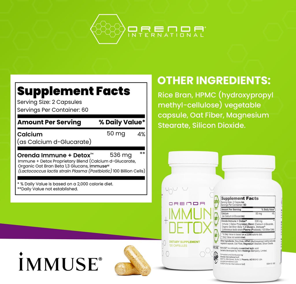 Orenda Immune + Detox - Specialized Formula with Calcium d-Glucarate, Beta 1,3 Glucans & IMMUSE® for Wellness and Balance - 120 Capsules