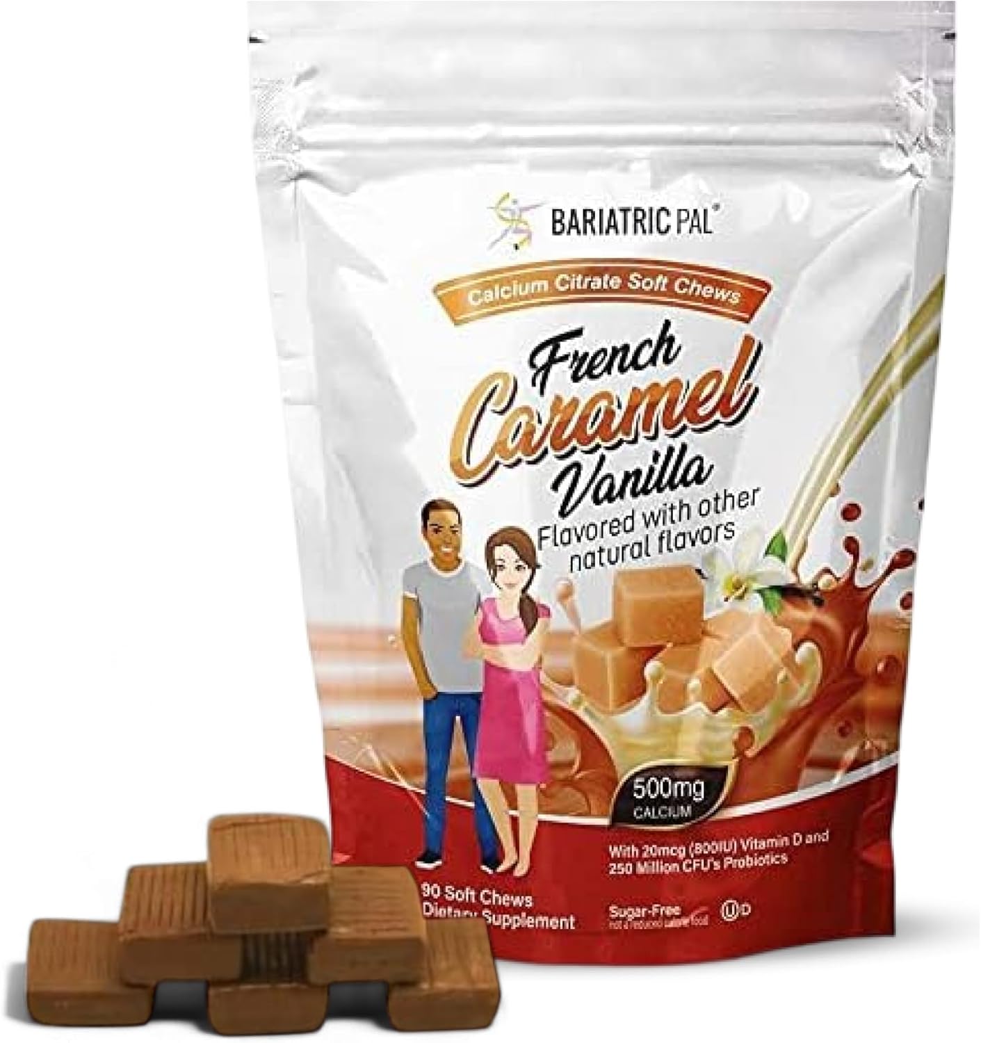 BariatricPal Sugar-Free Calcium Citrate Soft Chews | 500mg with Vitamin D & Probiotics | French Caramel Vanilla | 90 Count (1 Month Supply)