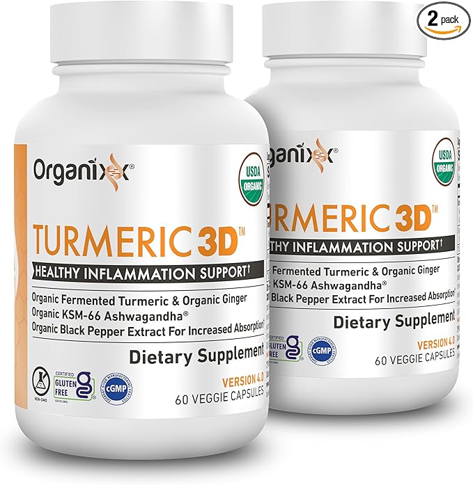 Organixx USDA Organic Turmeric Curcumin Supplement with Ashwagandha, Vitamin D, Turmeric & Ginger – Fermented for Maximum Bioavailability, 60 Count (Pack of 2)